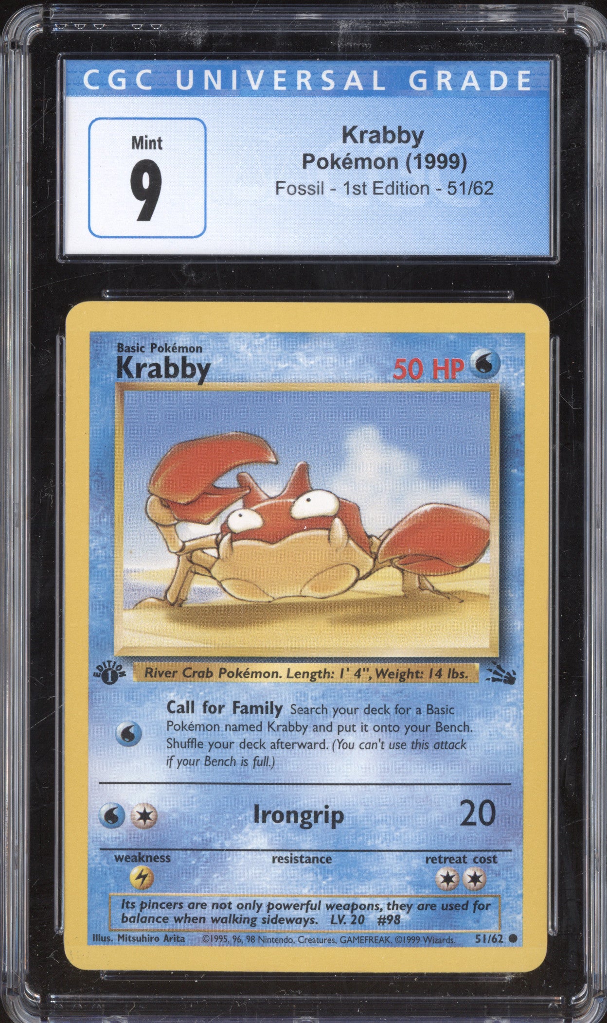Krabby 1999 Pokemon Fossil 51/62 1st Edition CGC 9