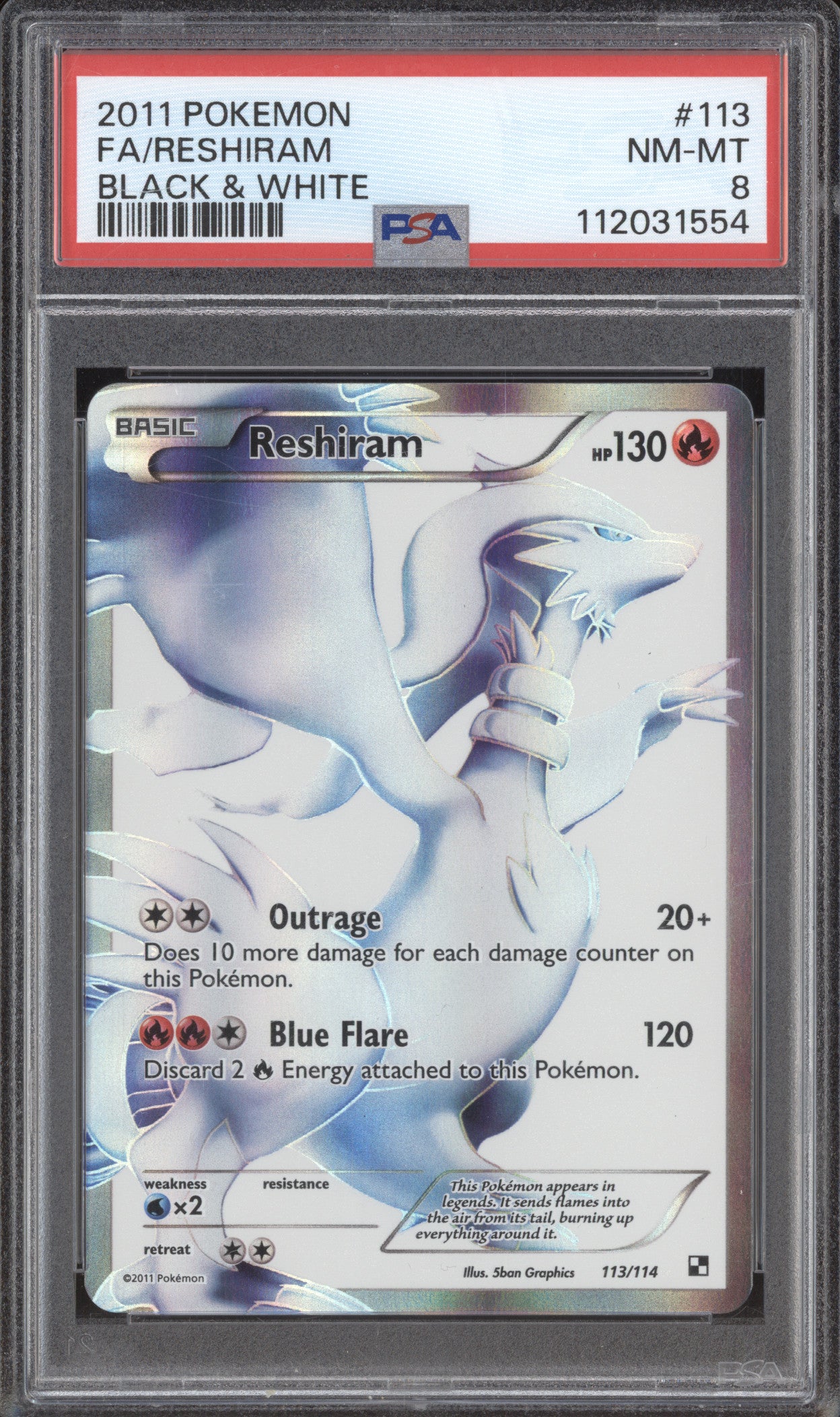 Reshiram 2011 Pokemon Black & White 113/114 Full Art PSA 8