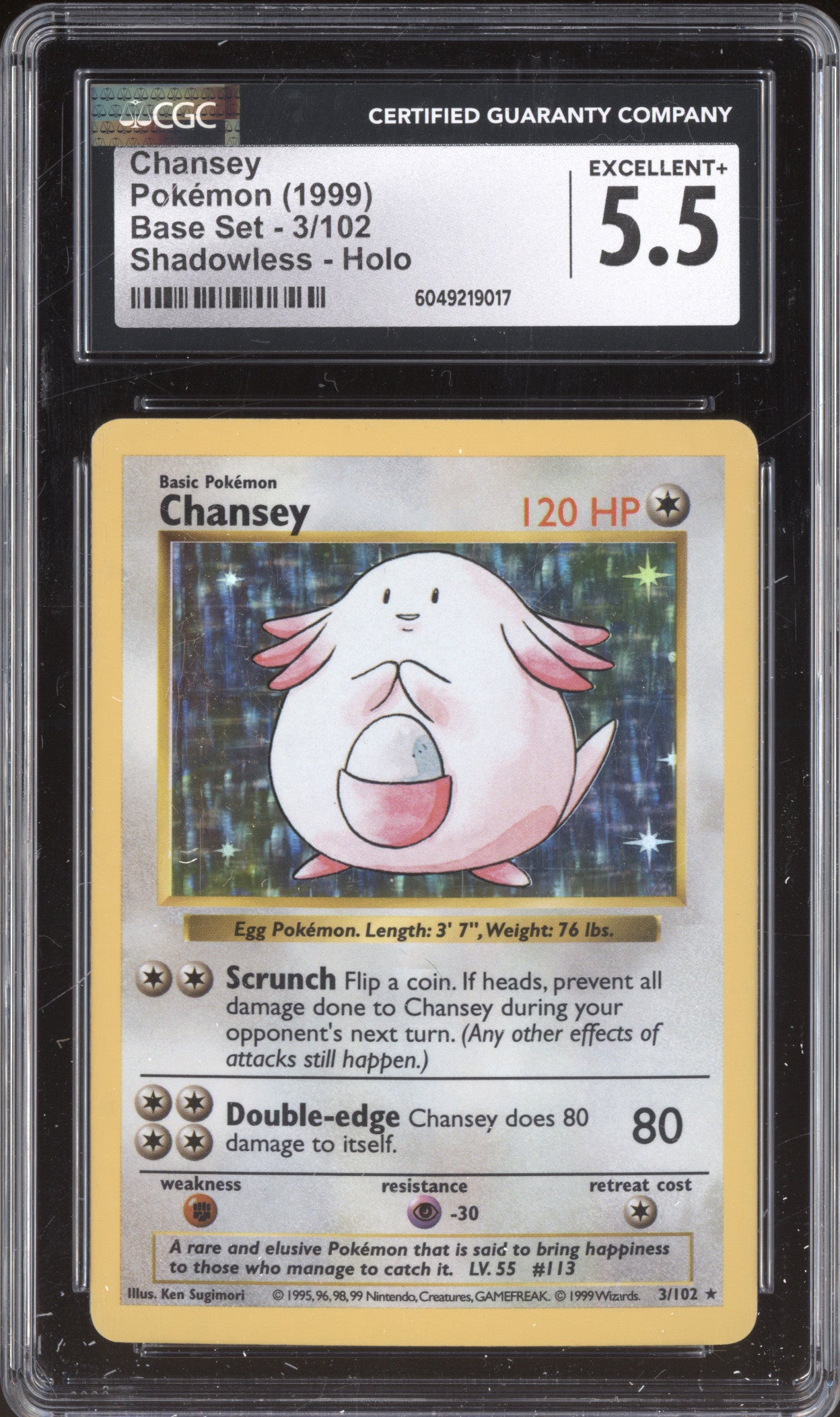 Chansey 1999 Pokemon Base Set 3/102 Shadowless Holo CGC 5.5
