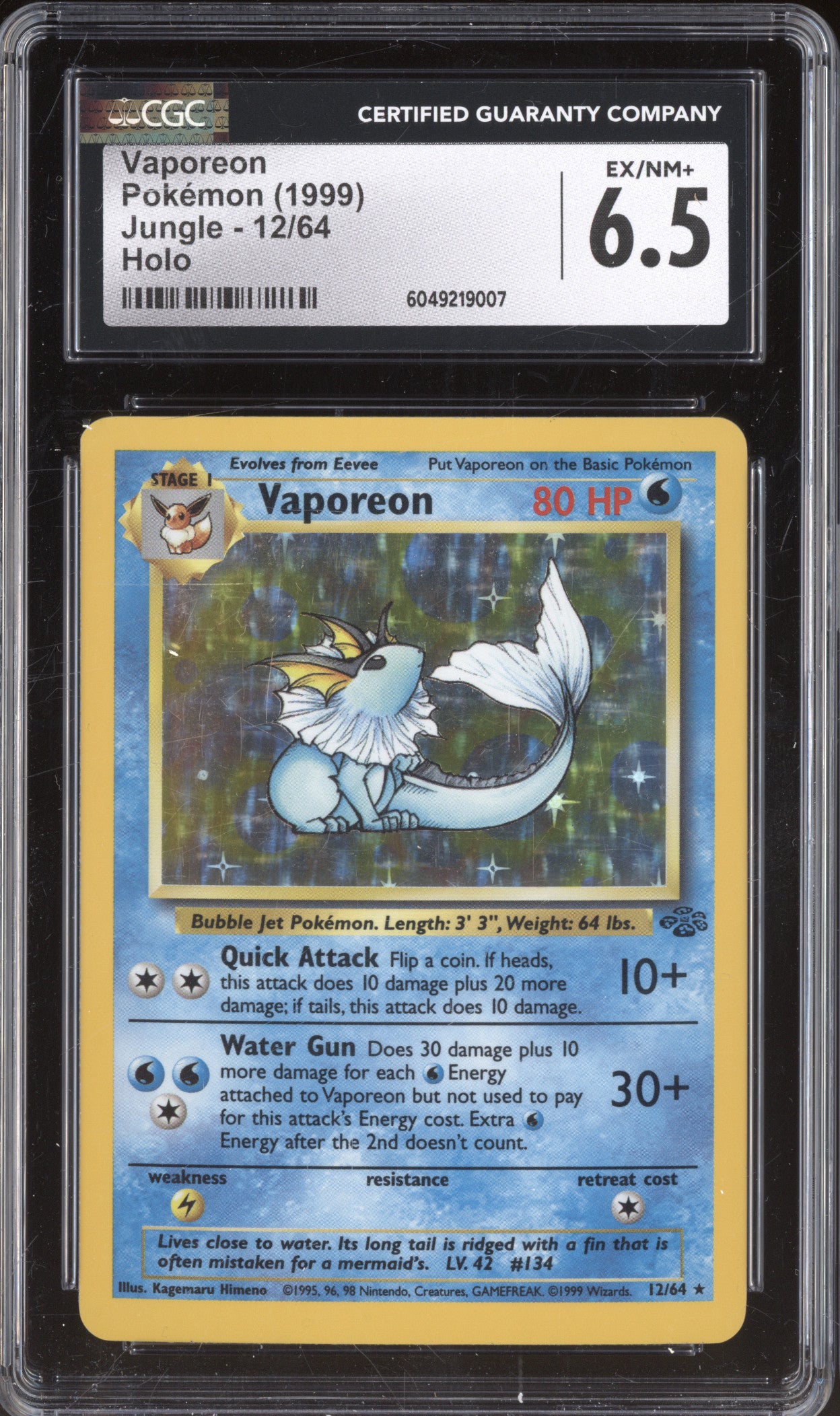 Vaporeon 1999 Pokemon Jungle 12/64 Holo CGC 6.5
