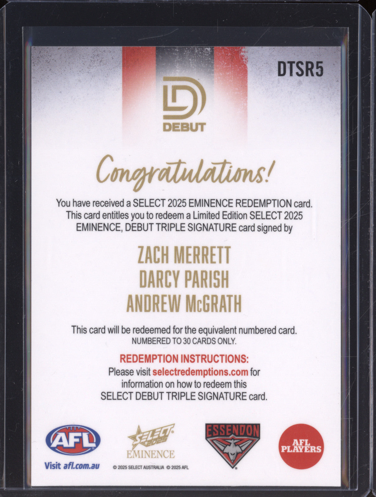 2025 AFL Select Eminence Debut Triple Signature Essendon Merrett Parish McGrath