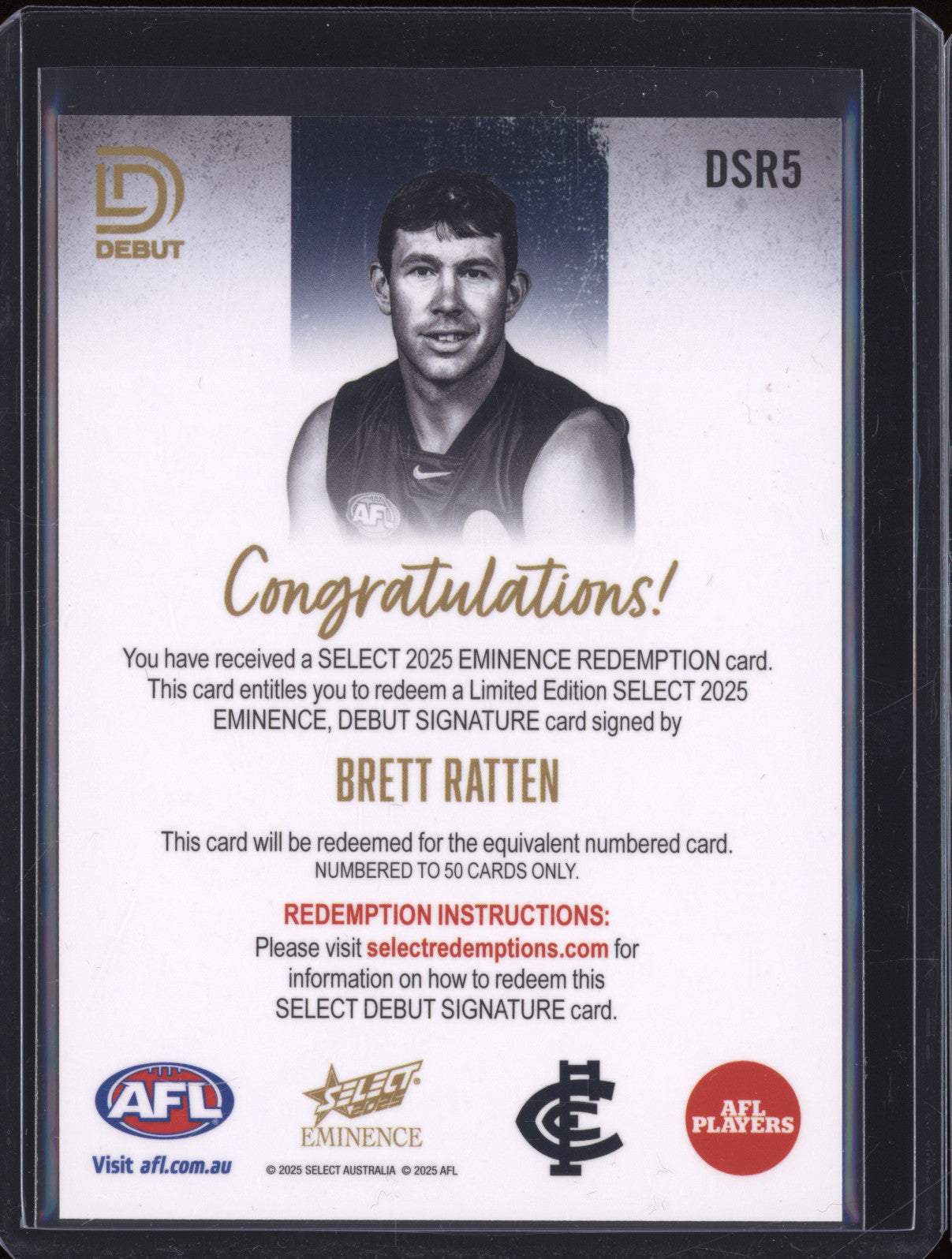 2025 AFL Select Eminence Debut Signature Redemption DSR5 Brett Ratten Carlton