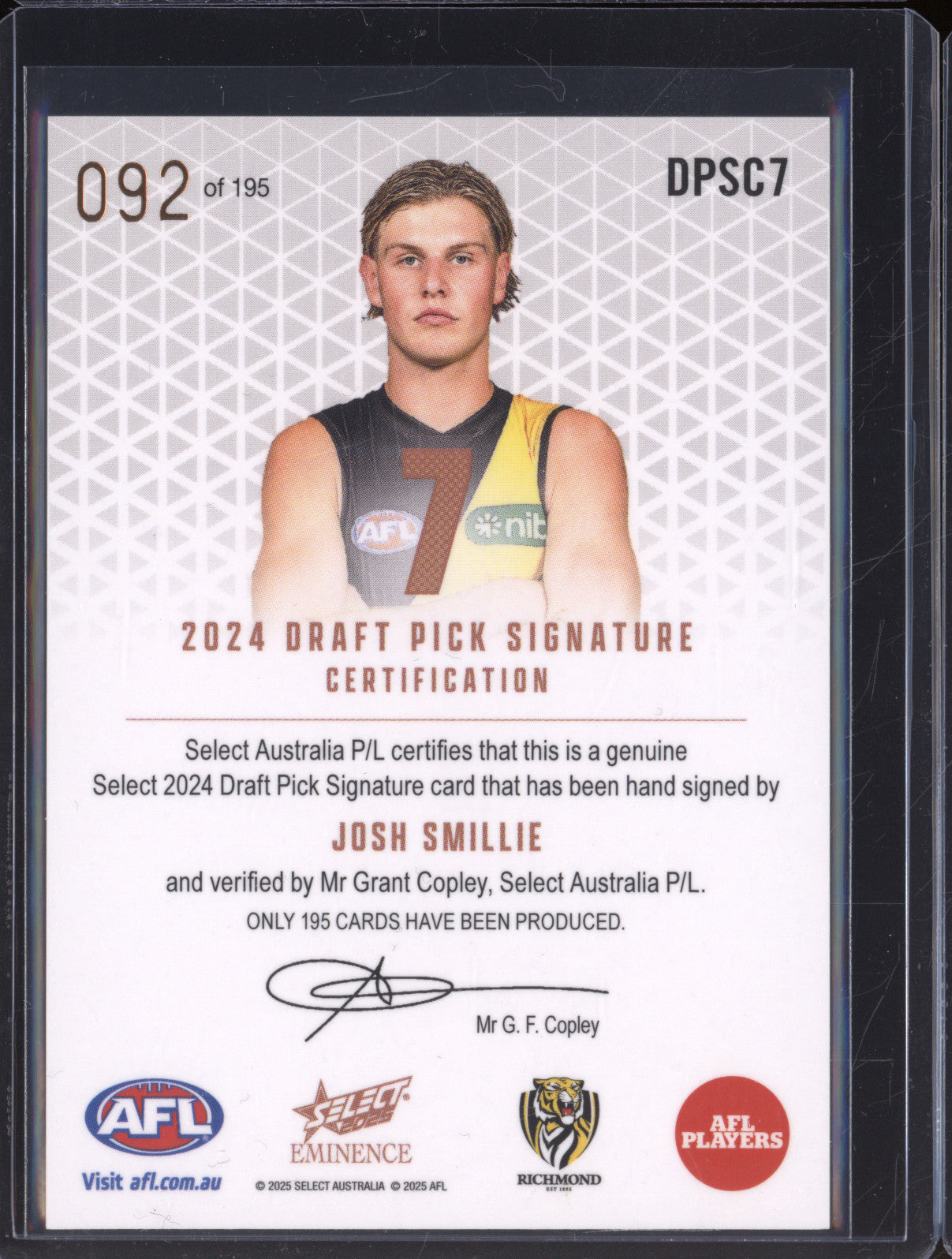 2025 AFL Select Eminence Draft Signature Copper DPSC7 Josh Smillie Richmond