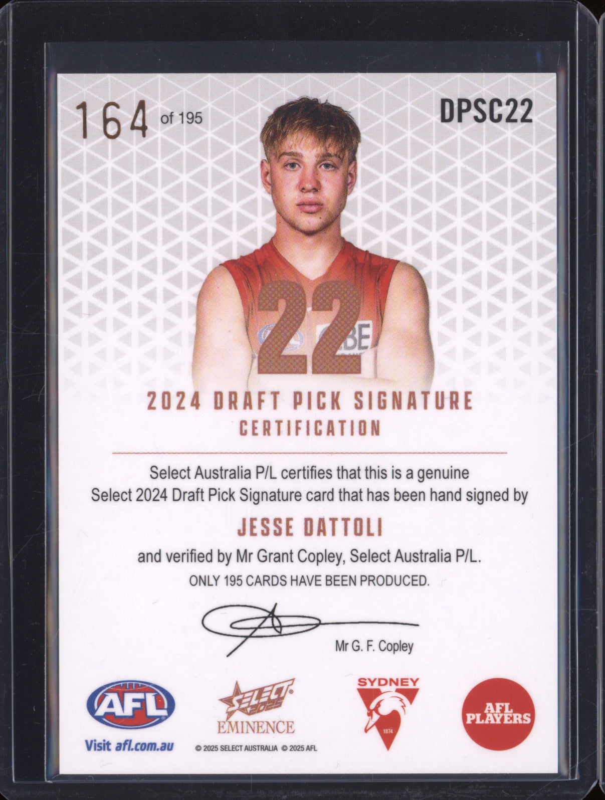 2025 AFL Select Eminence Draft Signature Copper DPSC22 Jesse Dattoli Sydney
