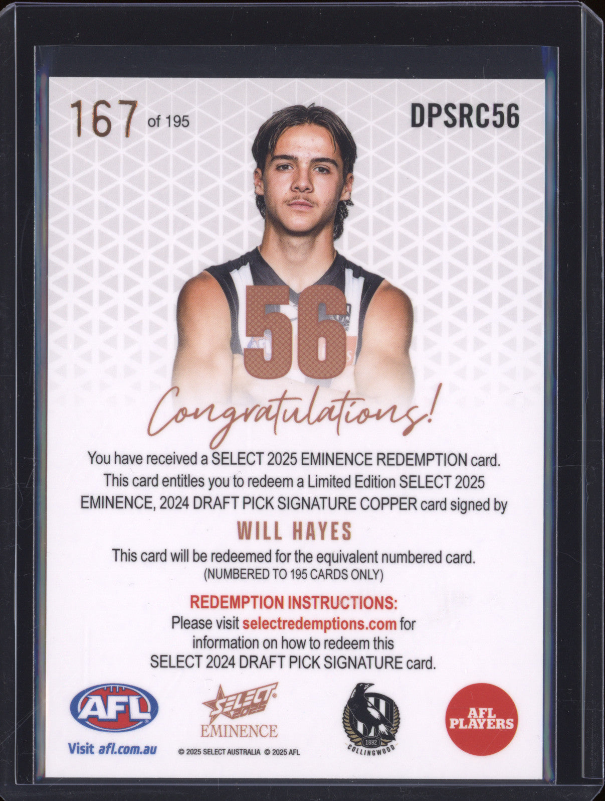 2025 AFL Select Eminence Draft Signature Copper DPSRC56 Will Hayes Collingwood