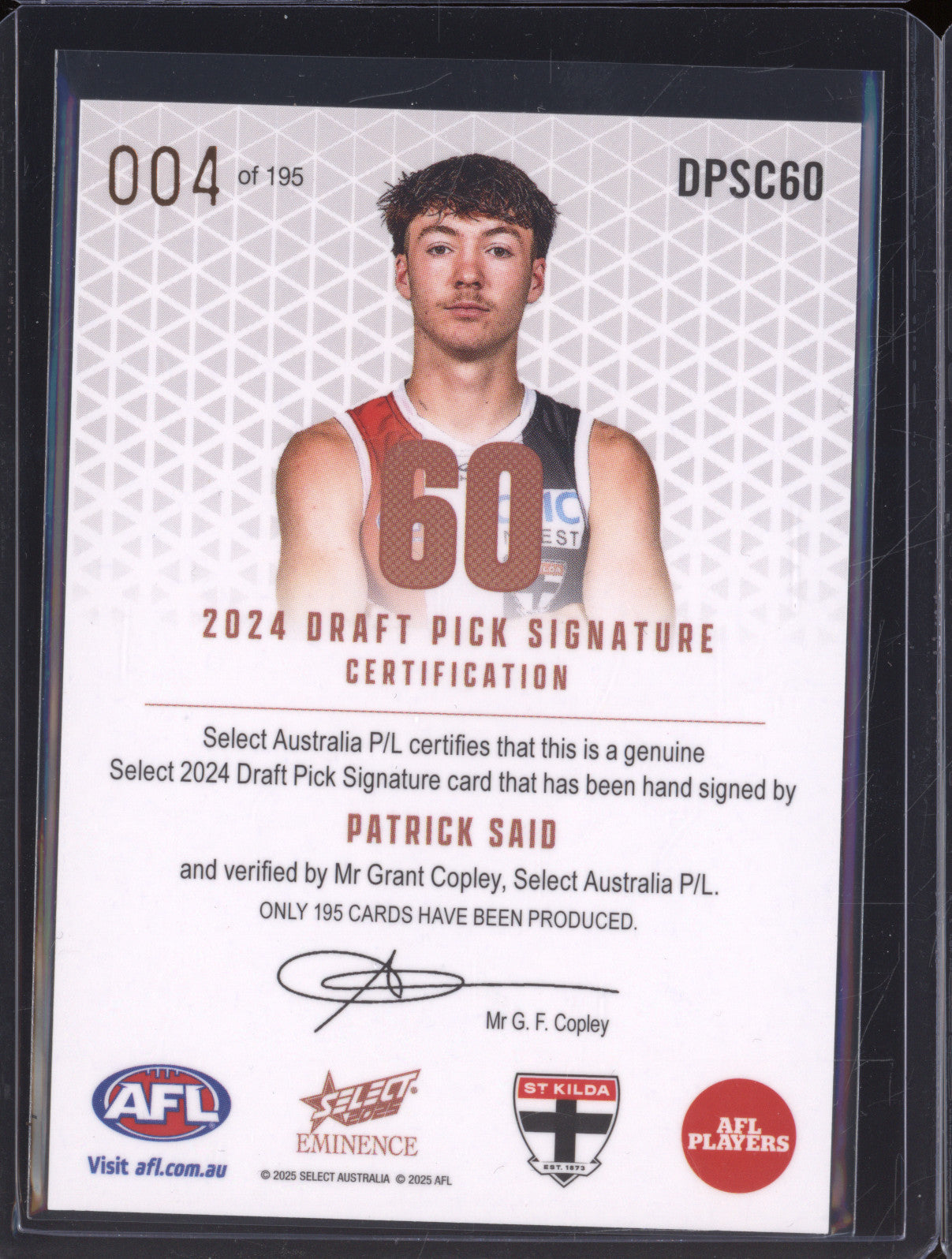 2025 AFL Select Eminence Draft Signature Copper DPSC60 Patrick Said St Kilda 004