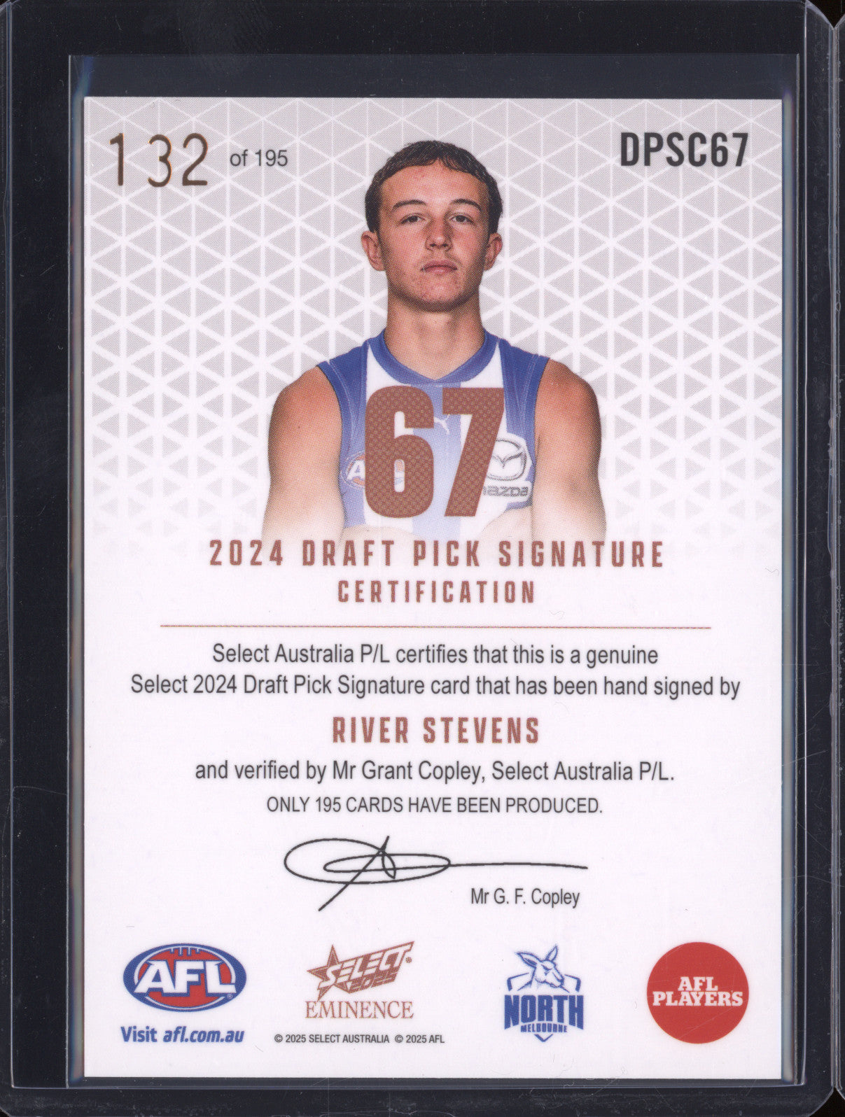 2025 AFL Select Eminence Draft Signature Copper DPSC67 River Stevens North Melb