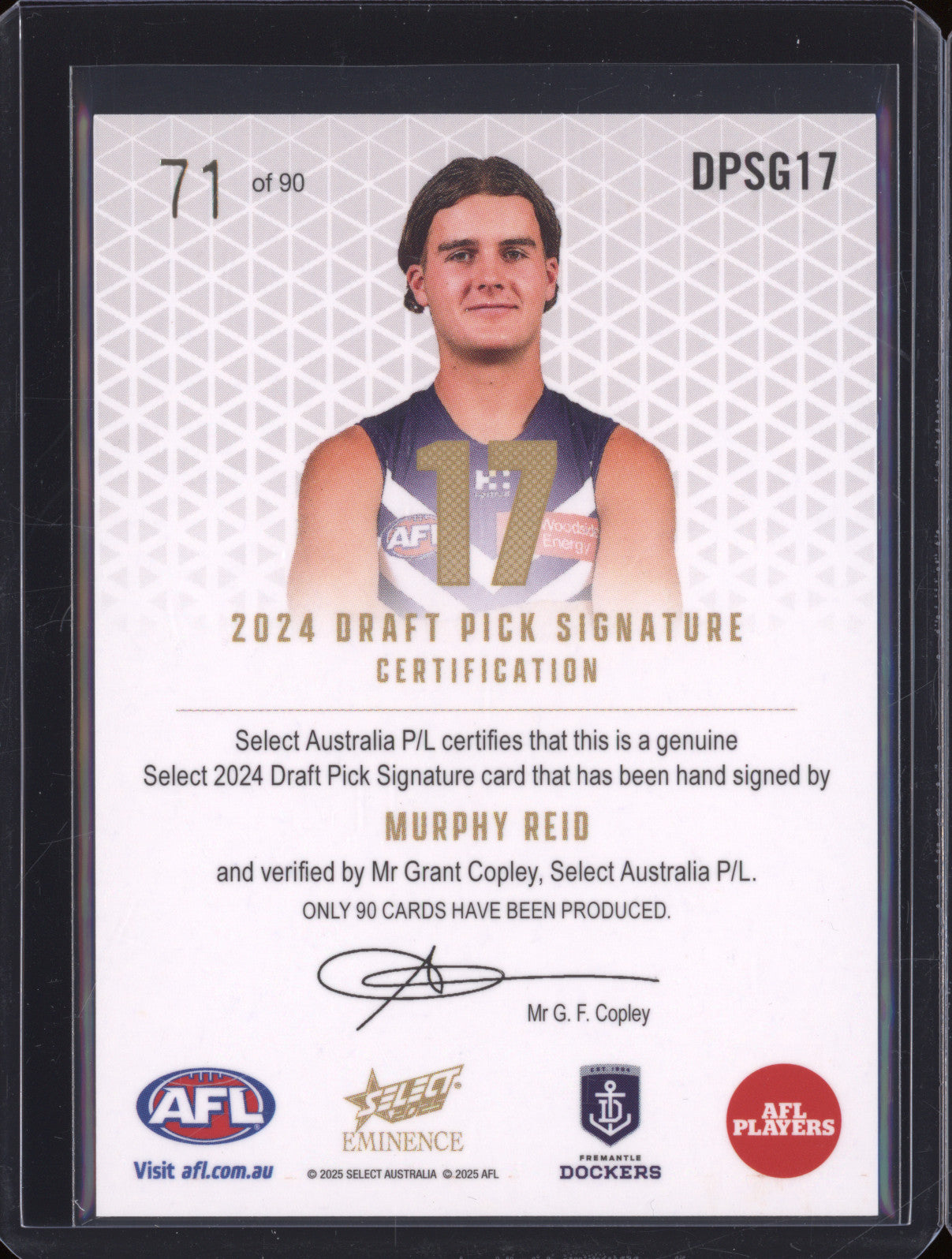 2025 AFL Select Eminence Draft Signature Gold DPSG17 Murphy Reid Fremantle