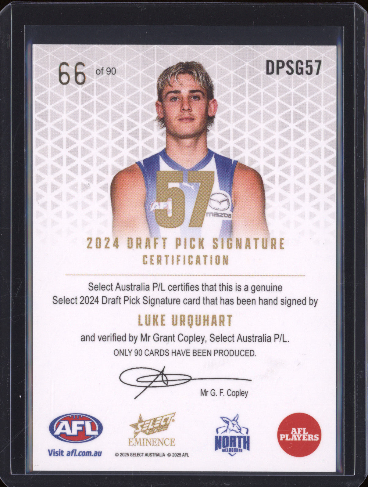 2025 AFL Select Eminence Draft Signature Gold DPSG57 Luke Urquhart North