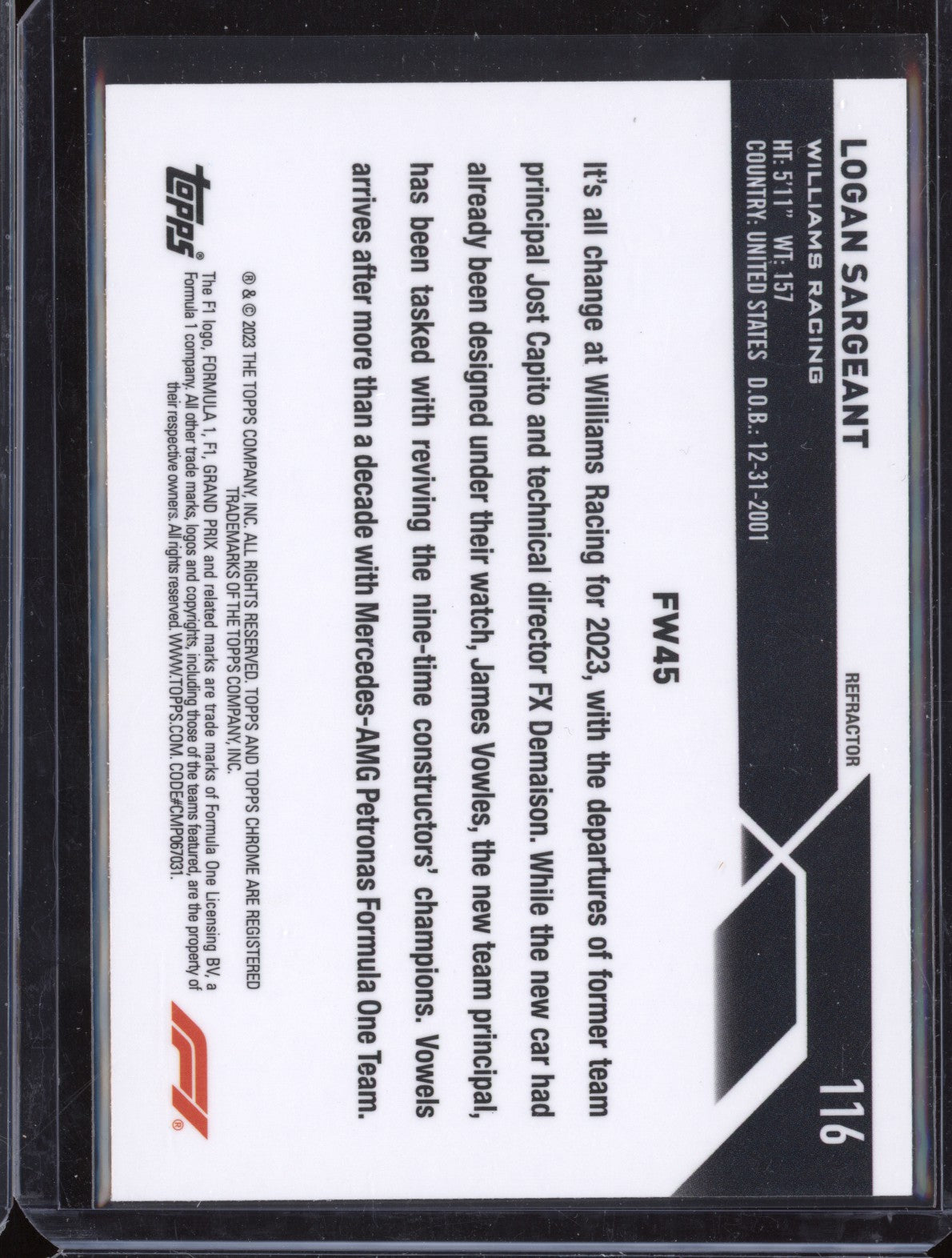 Logan Sargeant 2023 Topps Chrome F1 116 Refractor RC