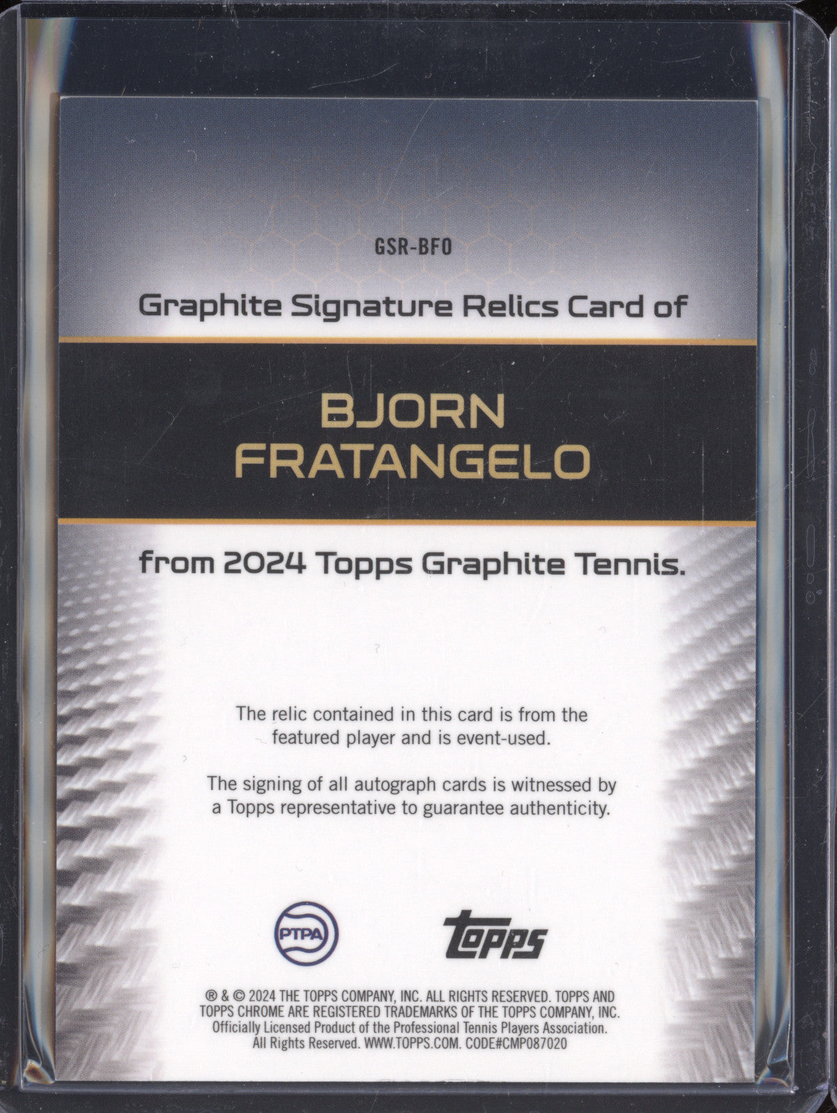 Bjorn Fratangelo 2024 Topps Graphite Tennis GSR-BFO Graphite Auto Relic Blue /50