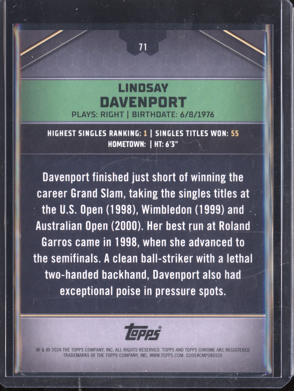 Lindsay Davenport 2024 Topps Graphite Tennis 71 Gold Refractor 10/25