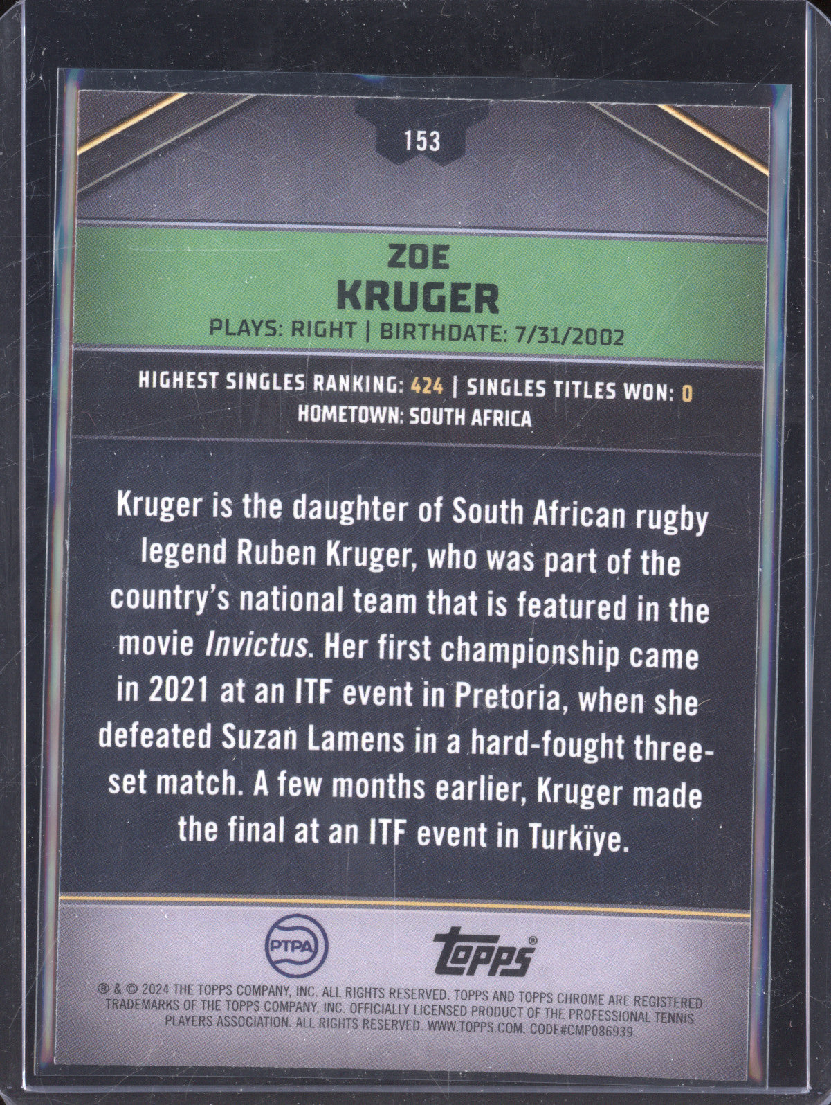 Zoe Kruger 2024 Topps Graphite Tennis 153 Blue Refractor 40/50