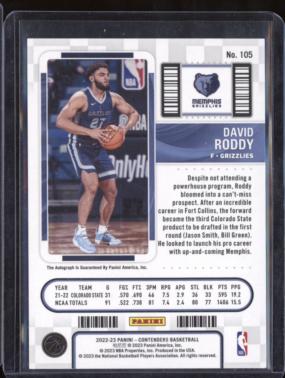 David Roddy 2022-23 Panini Contenders 105 Playoff Rookie Ticket Auto RC 17/99