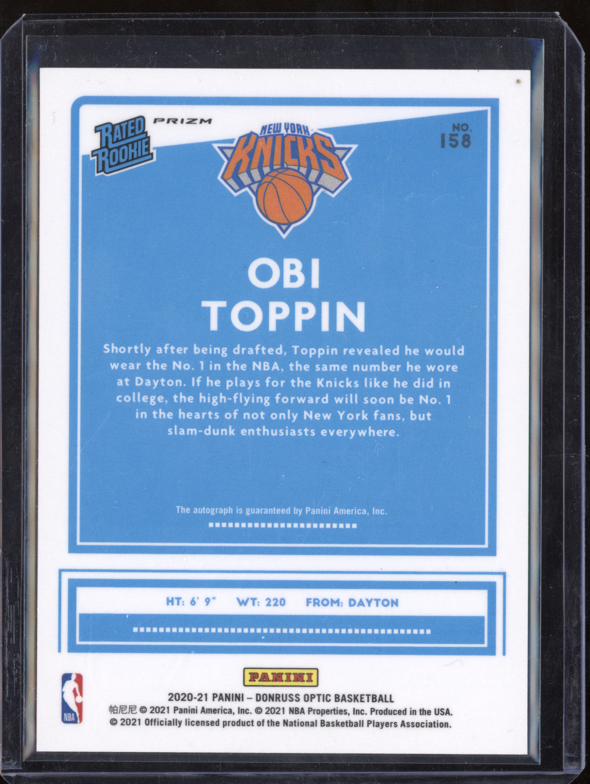 Obi Toppin 2020-21 Panini Donruss Optic 158 Rated Rookie Holo Auto RC