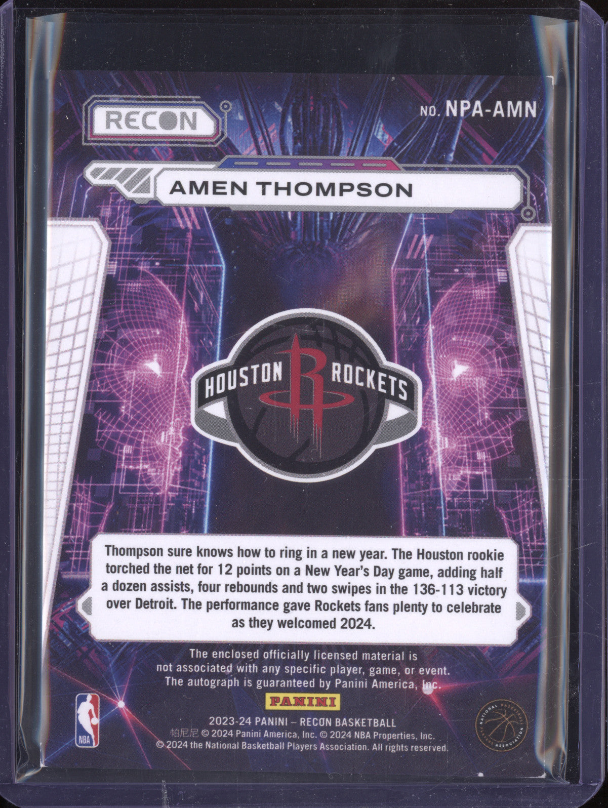 Amen Thompson 2023-24 Panini Recon NPA-AMN Novice Patch Auto Blue RC 15/35