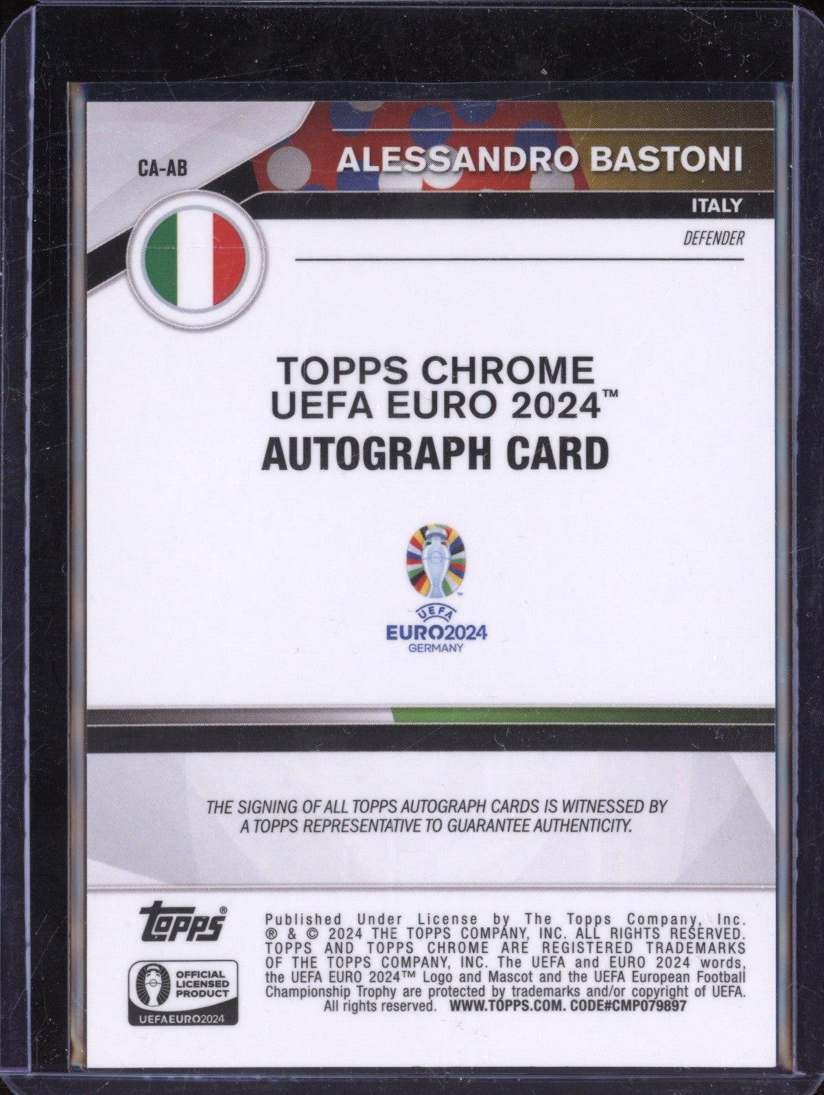 Alessandro Bastoni 2024 Topps Chrome Euro CA-AB Chrome Auto