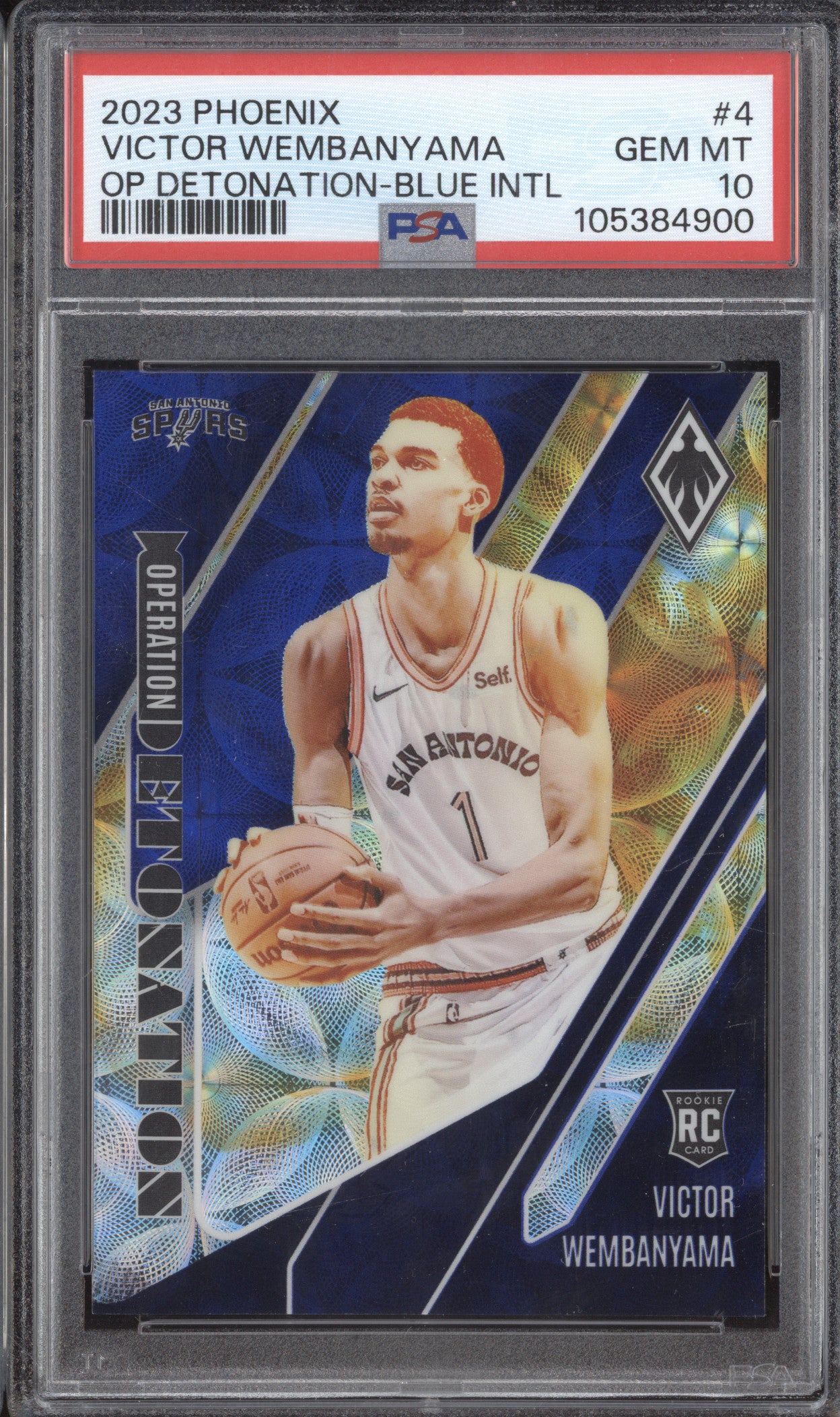 Victor Wembanyama 2023-24 Panini Phoenix 4 Op Detonation Blue Int RC /35 PSA 10