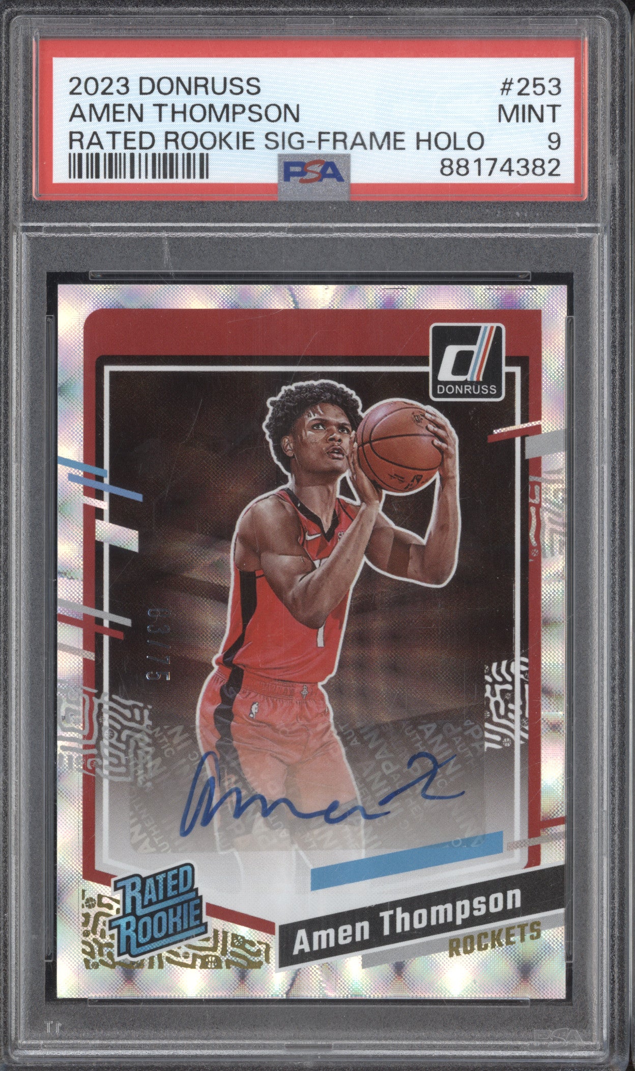 Amen Thompson 2023-24 Panini Donruss Rated Rookie Auto Frame Holo RC 3/75 PSA 9