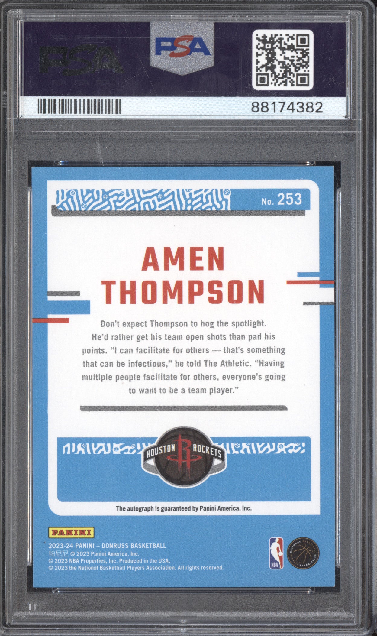 Amen Thompson 2023-24 Panini Donruss Rated Rookie Auto Frame Holo RC 3/75 PSA 9