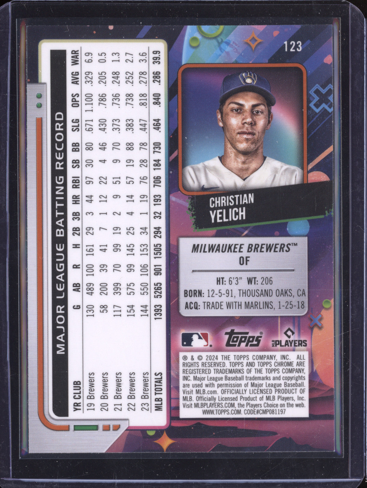 Christian Yelich 2024 Topps Cosmic Chrome 123 Green Space Dust Refractor 23/75