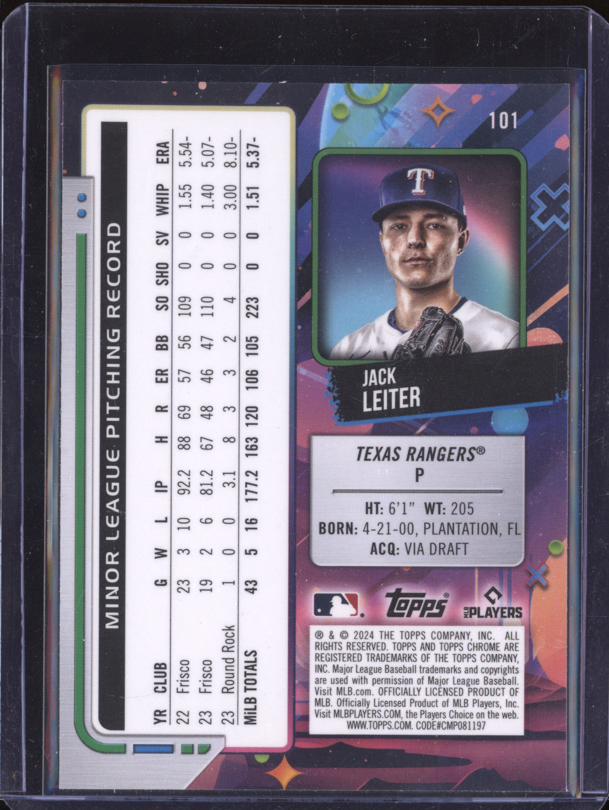 Jack Leiter 2024 Topps Cosmic Chrome 101 Purple Nebula Refractor RC 20/150