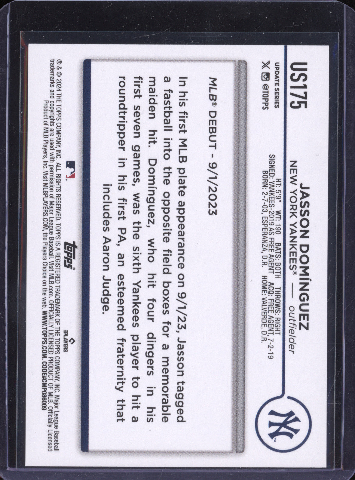 Jasson Dominguez 2024 Topps Update Series US175 Rookie Debut RC