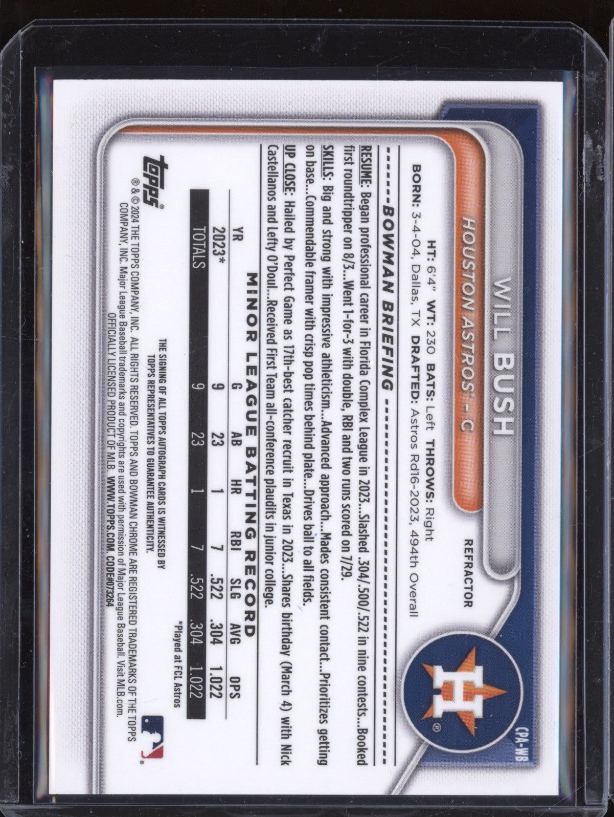 Will Bush 2024 Bowman Chrome CPA-WB Refractor Prospect Auto 1st RC 498/499