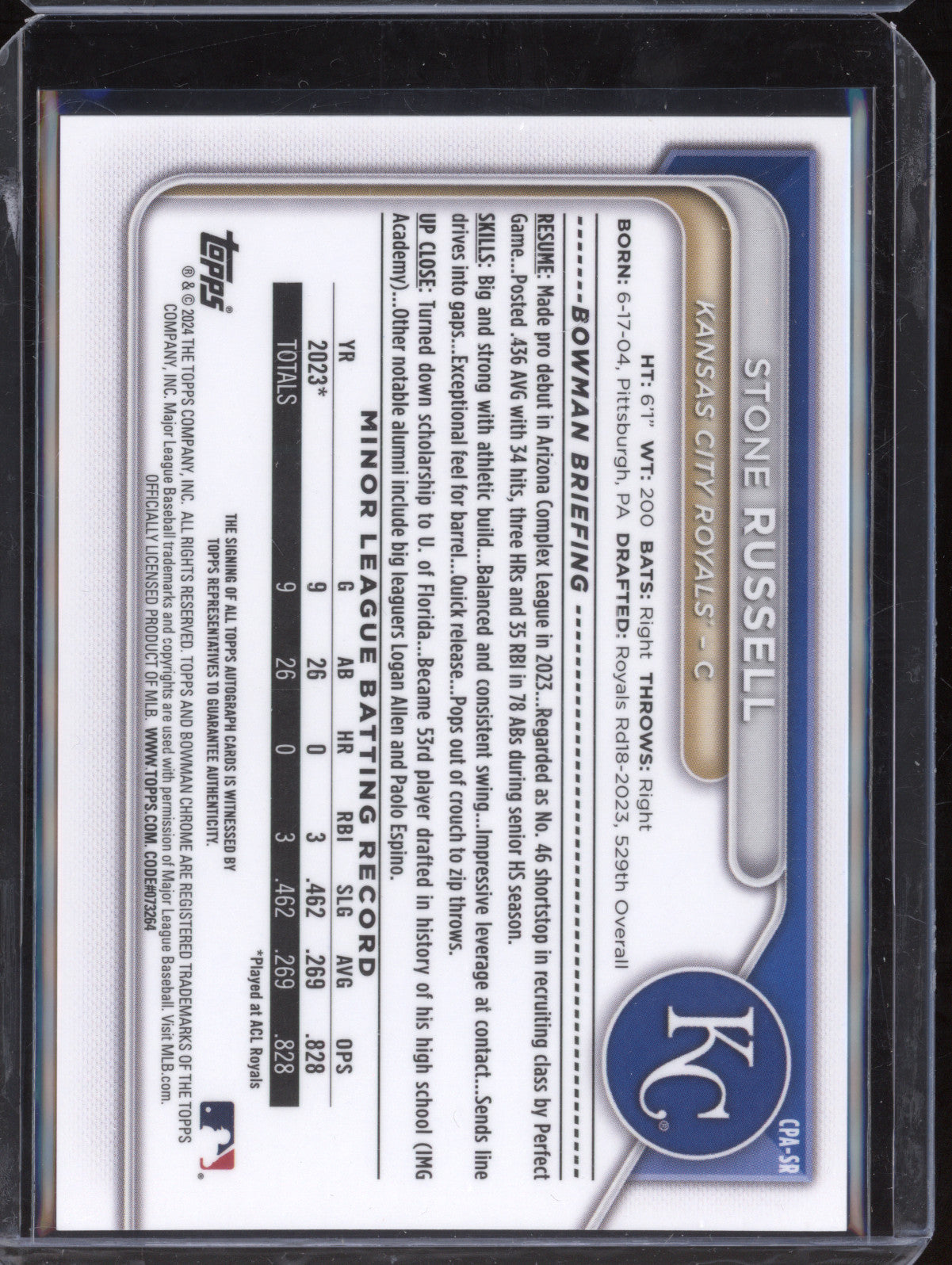 Stone Russell 2024 Bowman Chrome CPA-SR 1st Auto RC