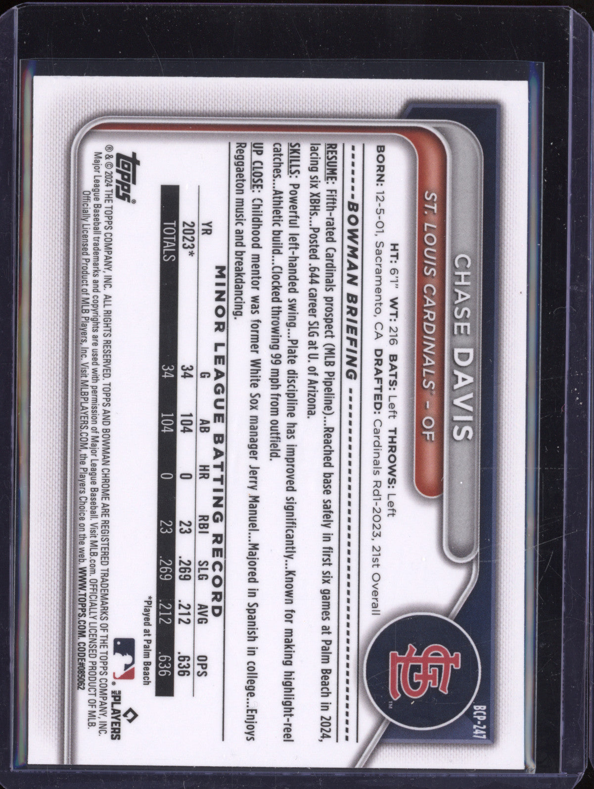 Chase Davis 2024 Bowman Chrome BCP-247 Fuchsia Shimmer Refractor 150/199