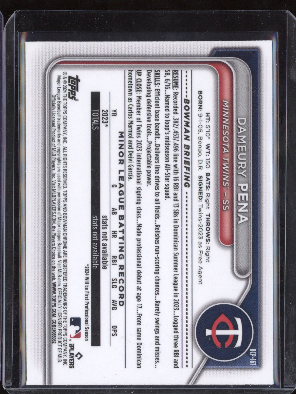 Dameury Pena 2024 Bowman Chrome BCP-167 Purple Shimmer Refractor 1st RC 133/250