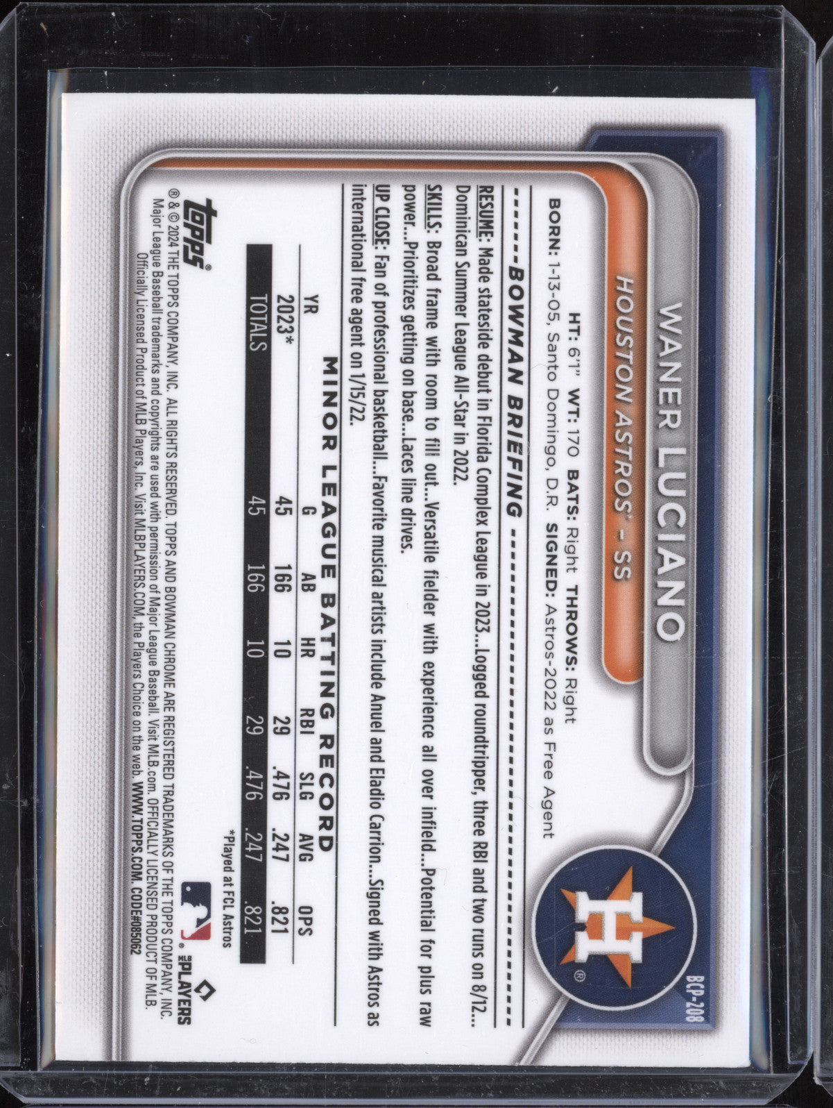 Waner Luciano 2024 Bowman Chrome BCP-208 Speckle Refractor 1st RC 137/299