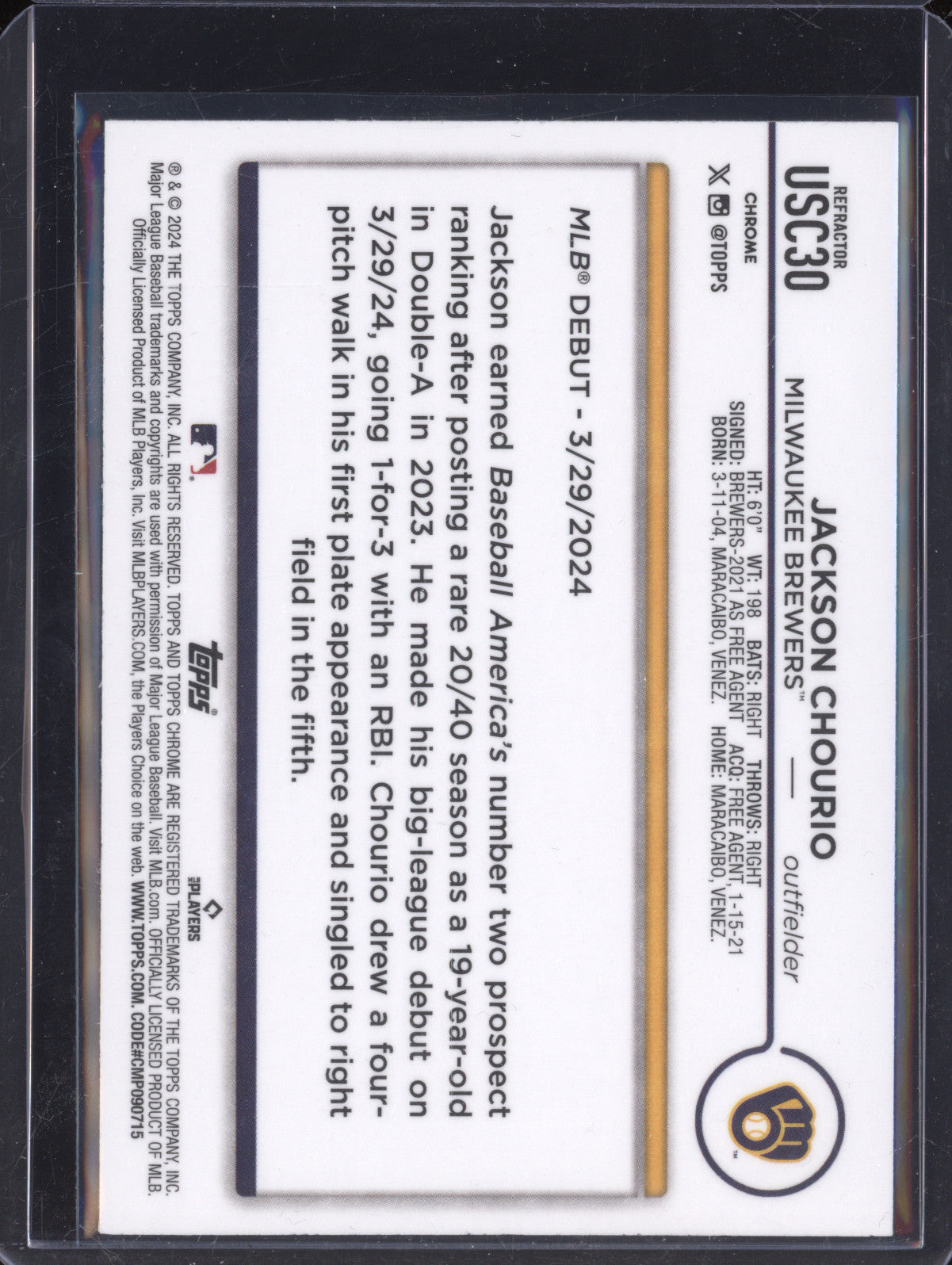 Jackson Chourio 2024 Topps Chrome Update USC30 Refractor RC