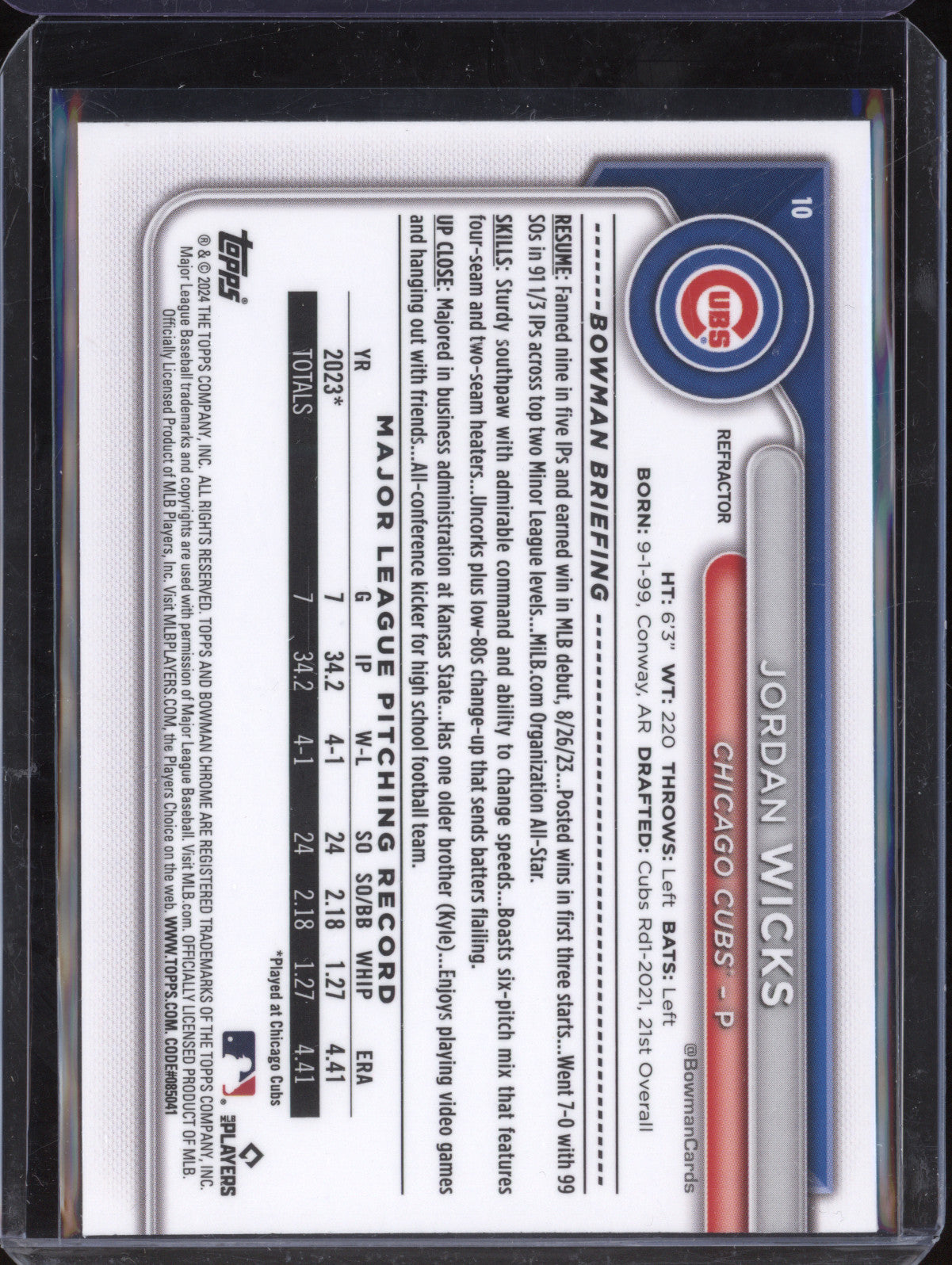 Jordan Wicks 2024 Bowman Chrome 10 Refractor RC 444/499