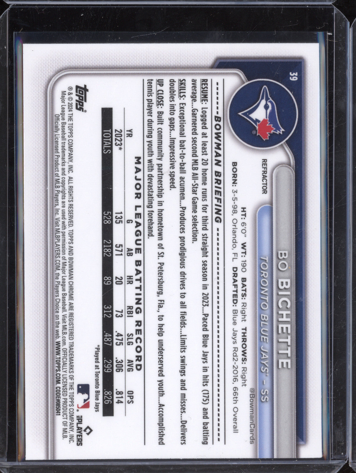 Bo Bichette 2024 Bowman Chrome 39 Refractor 189/499