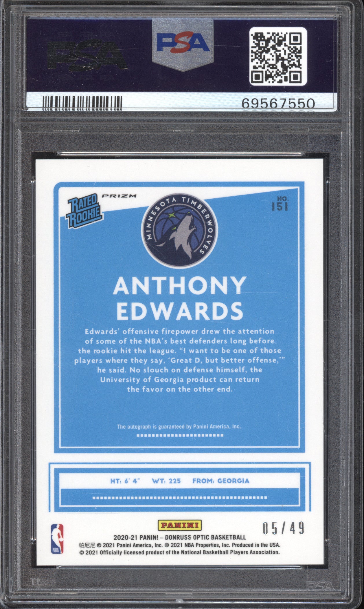 Anthony Edwards 2020 Panini Optic 151 Blue Autograph RC 05/49 PSA 8/10