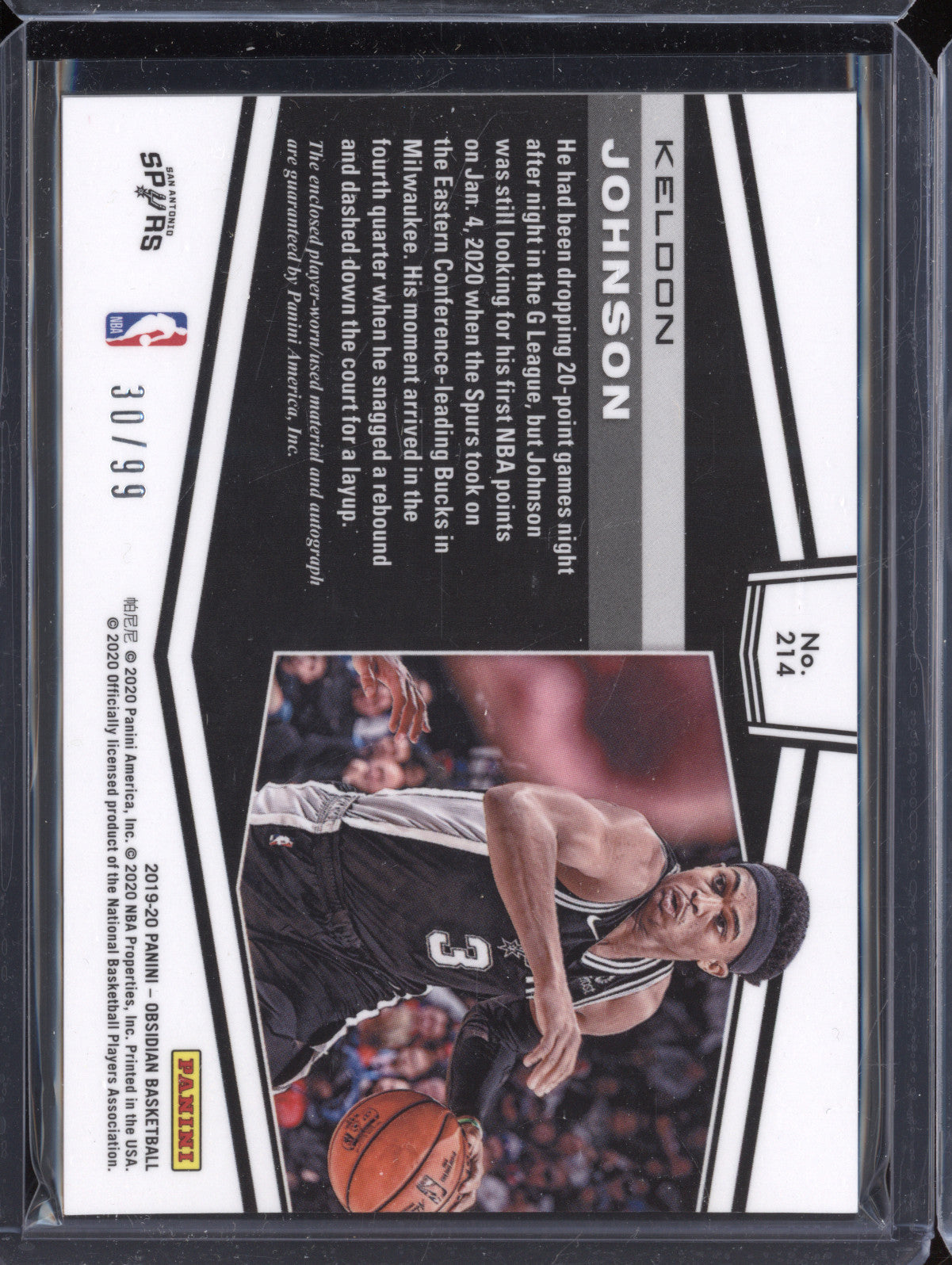 Keldon Johnson 2019-20 Panini Obsidian 214 Rookie Jersey Auto RC 30/99