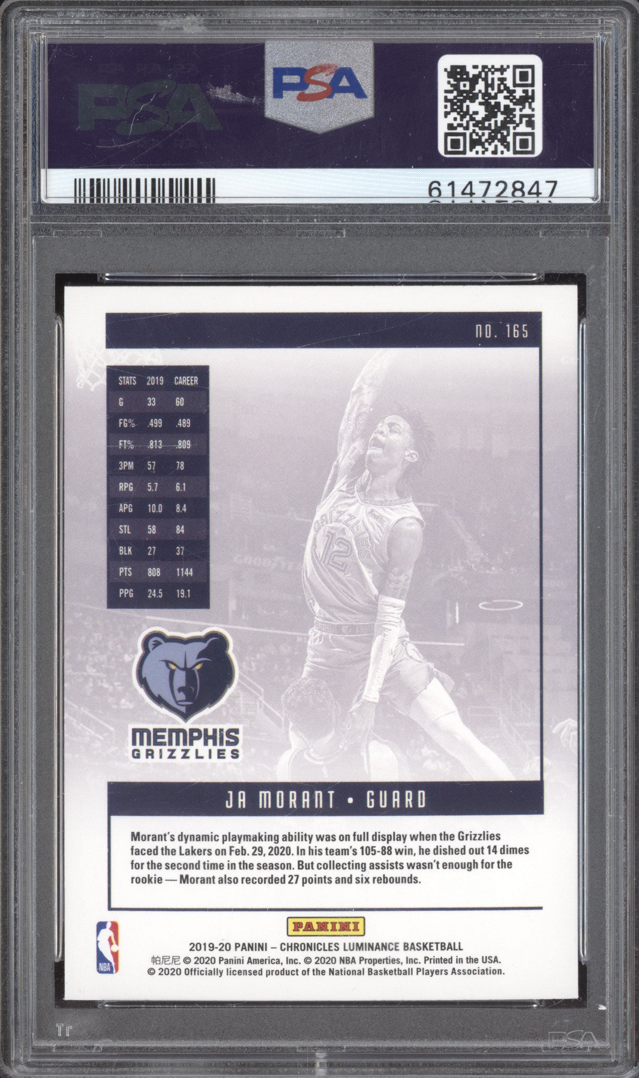 Ja Morant 2019-20 Panini Chronicles 165 Luminance RC PSA 9