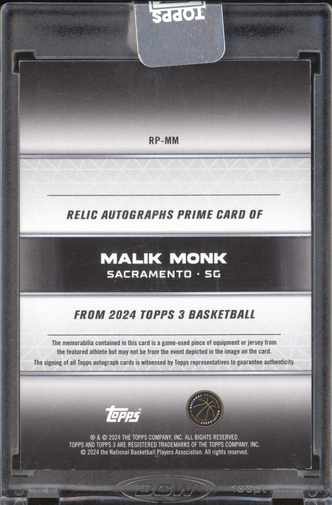 Malik Monk 2023-24 Topps 3 RP-MM Relics Auto Prime Gold 5/10