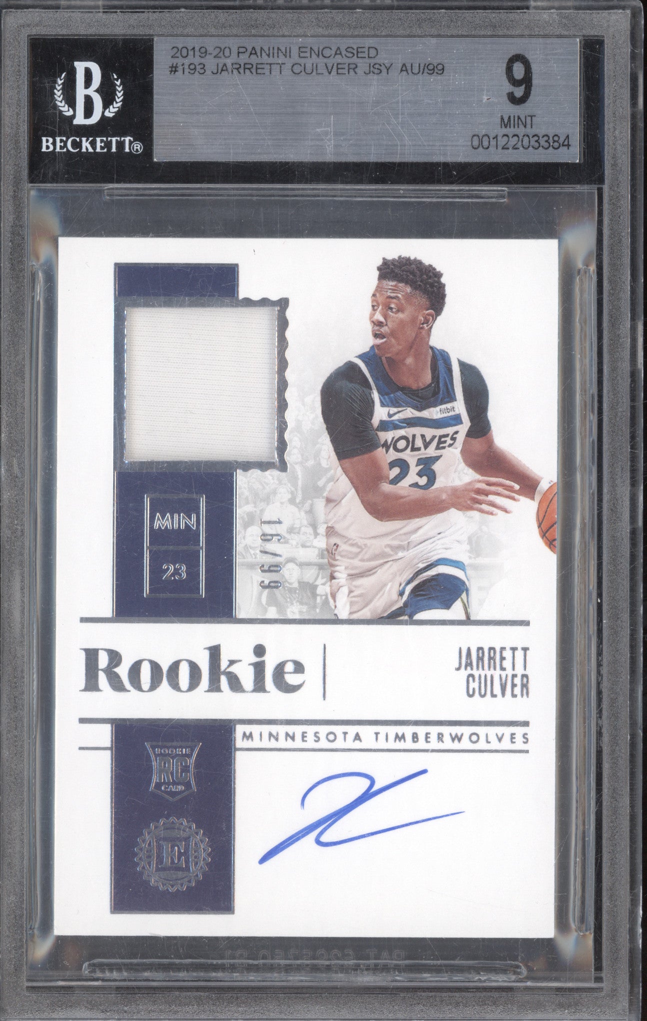 Jarrett Culver 2019-20 Panini Encased 193 Rookie Jersey Auto RC 16/99 BGS 9