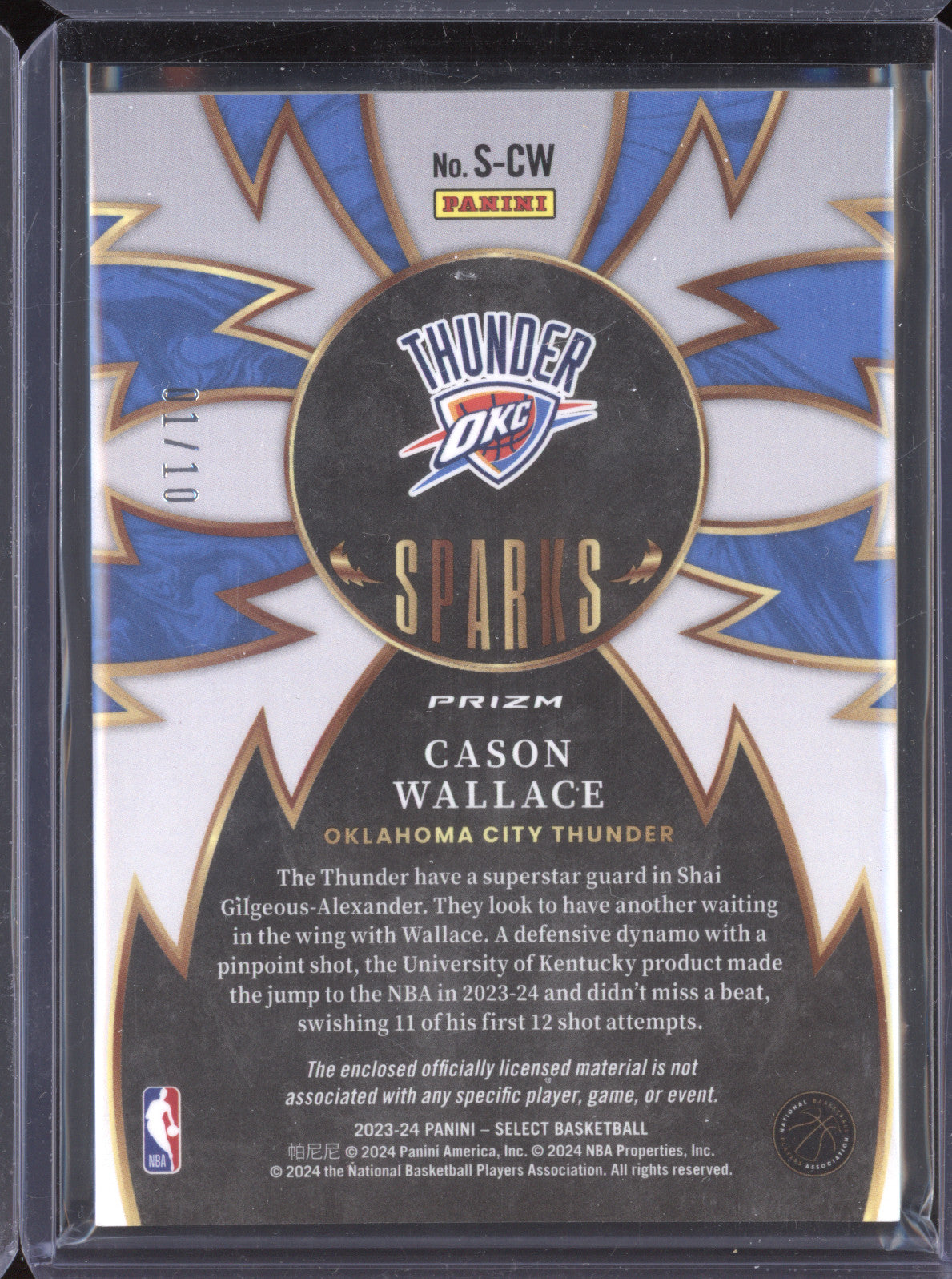 Cason Wallace 2023-24 Panini Select S-CW Sparks Gold RC 1/10