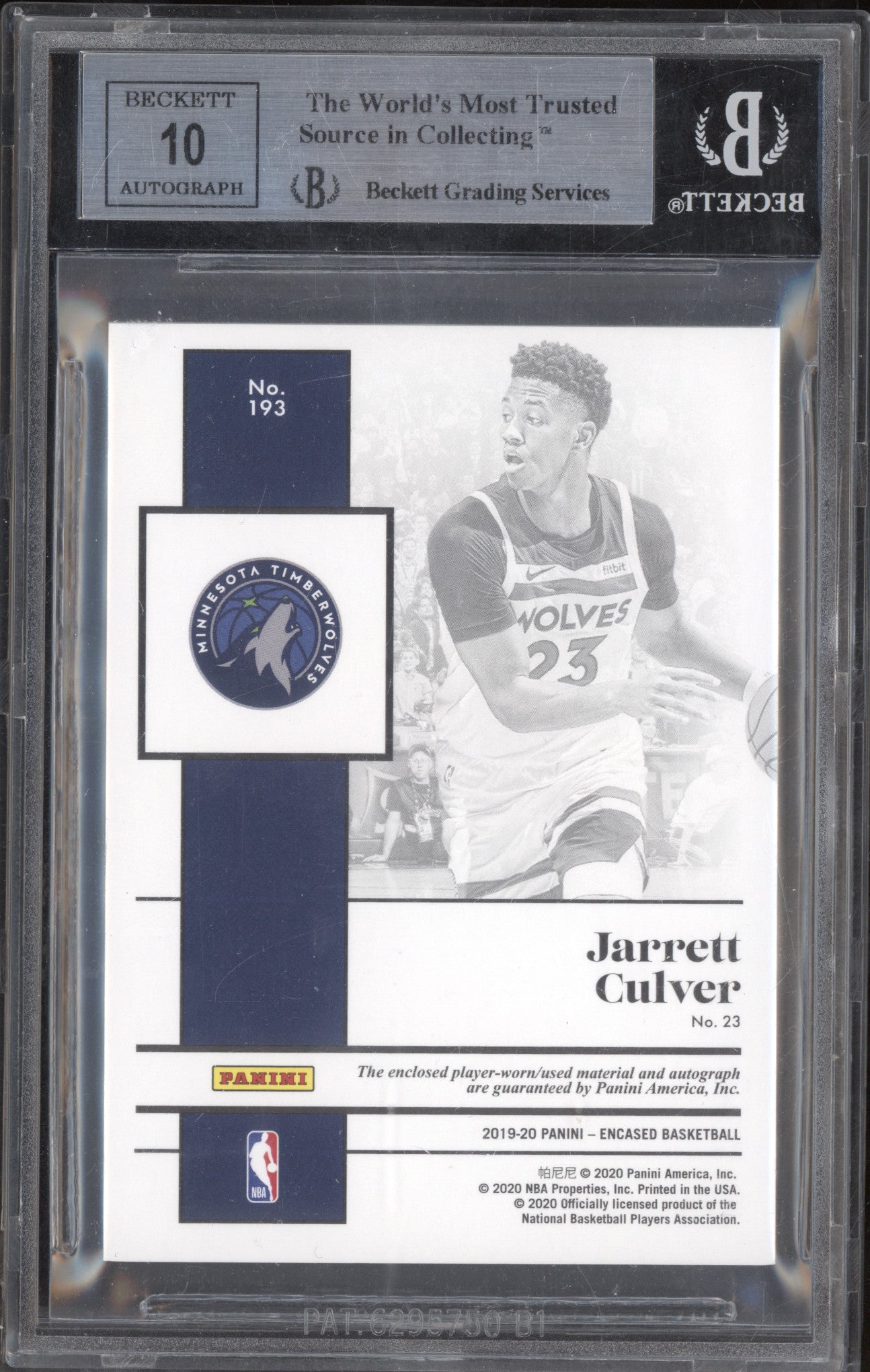 Jarrett Culver 2019-20 Panini Encased 193 Rookie Jersey Auto RC 16/99 BGS 9