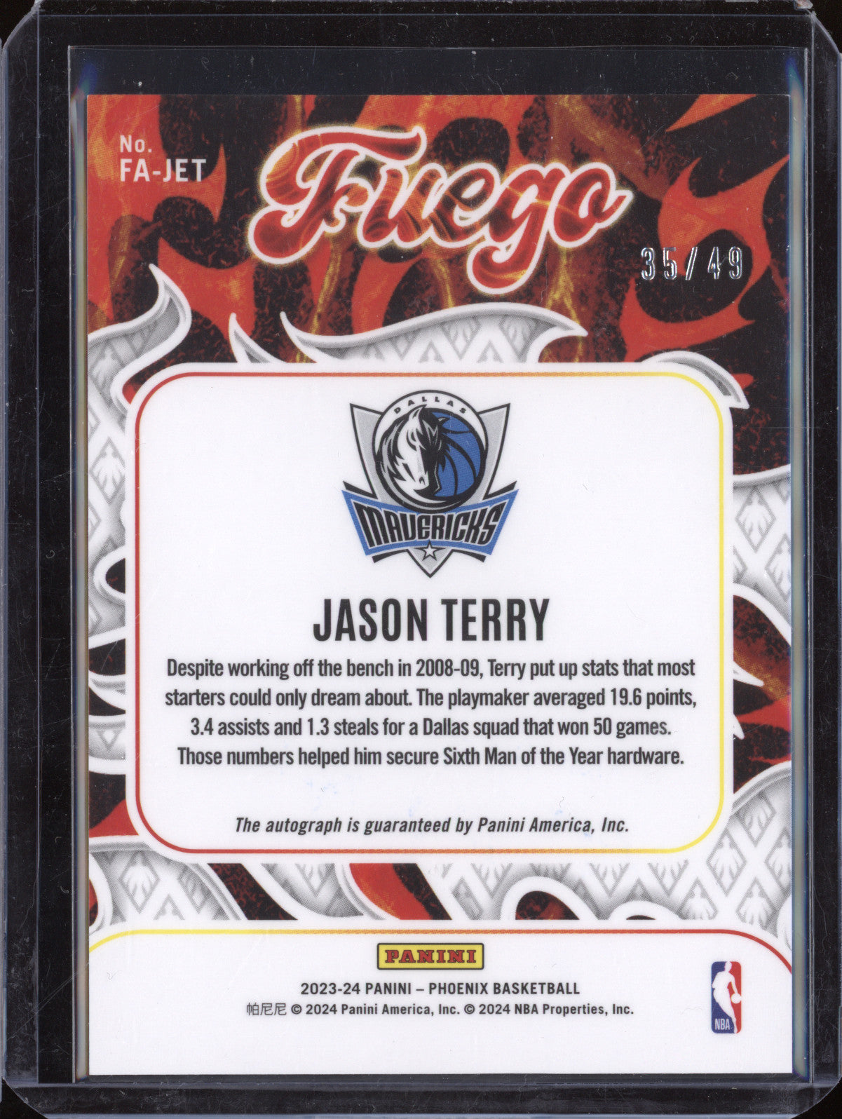 Jason Terry 2023-24 Panini Phoenix FA-JET Fuego Auto Orange 35/49