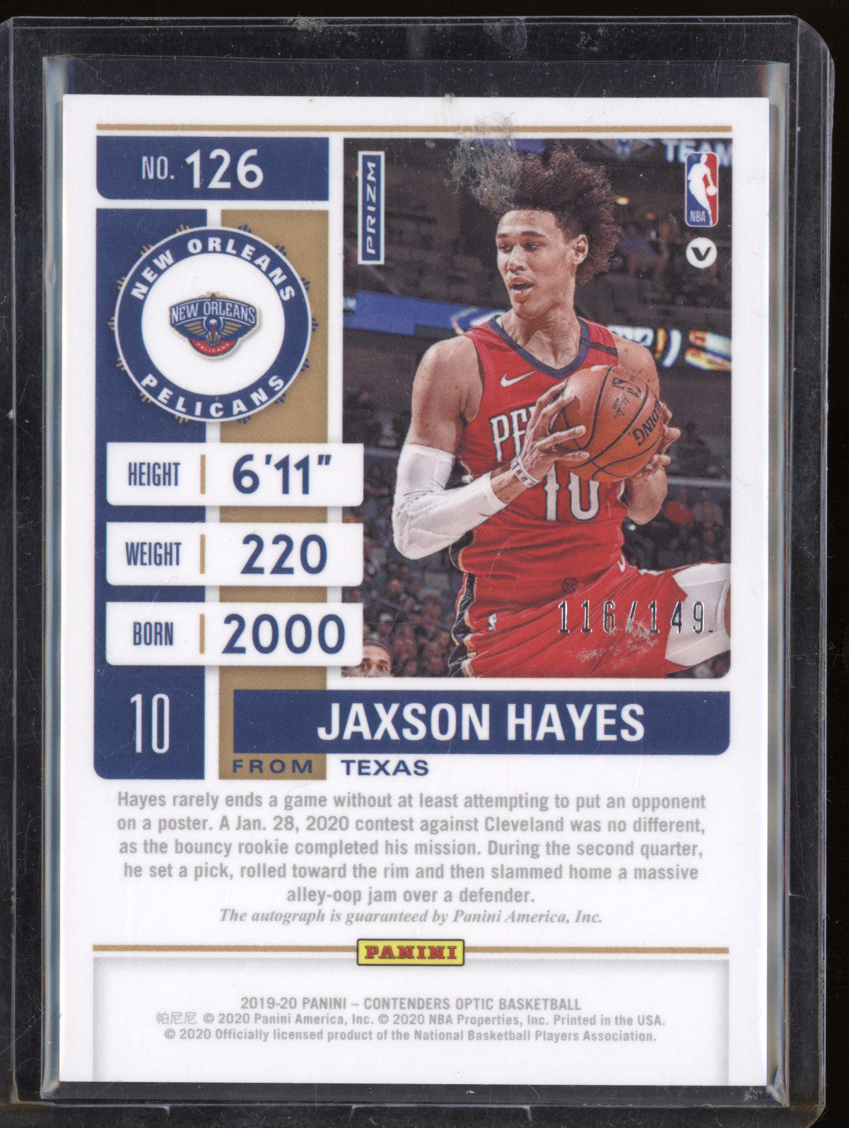 Jaxson Hayes 2019-20 Panini Contenders Optic 126 Rookie Ticket Auto Red RC /149