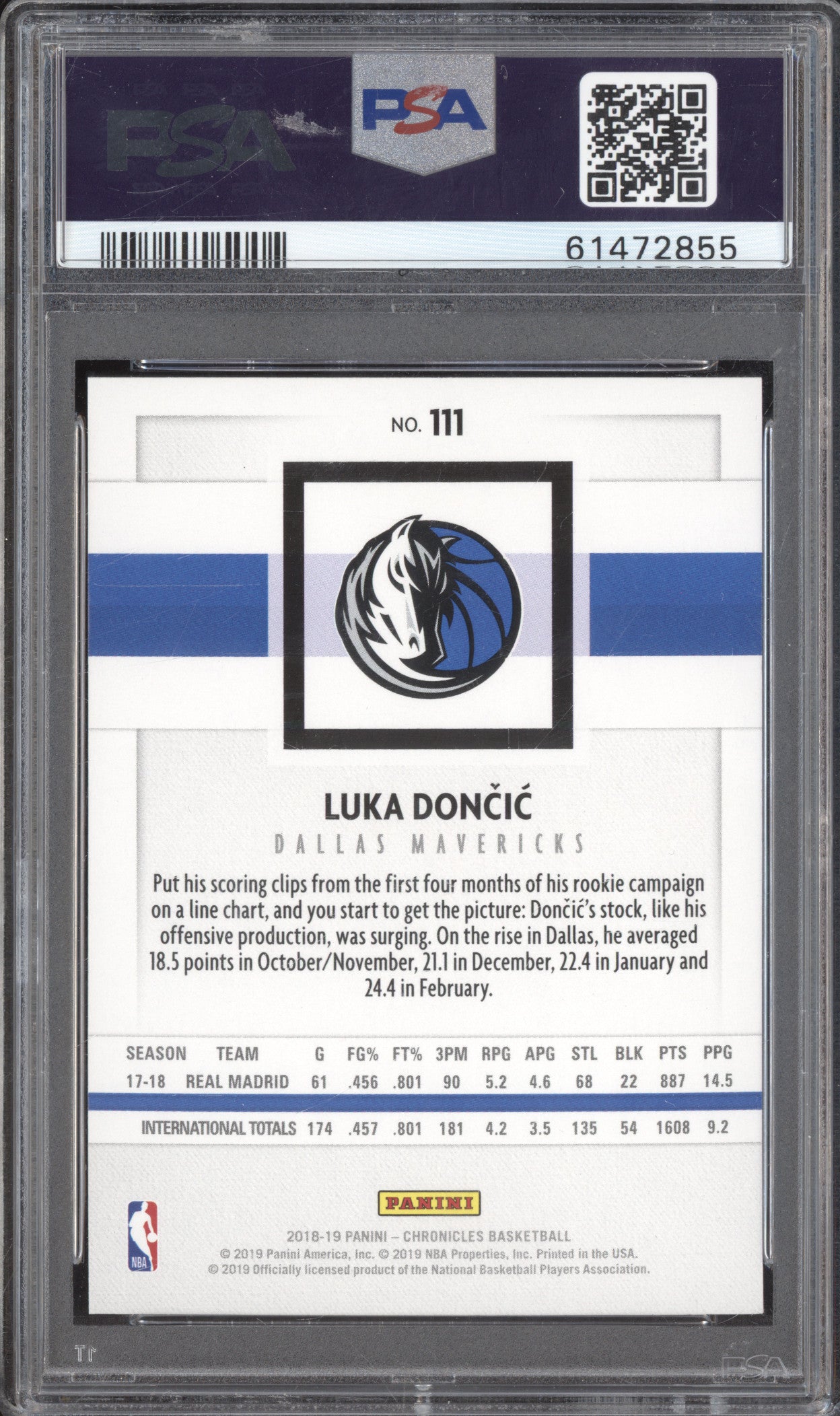 Luka Doncic 2018-19 Panini Chronicles 111 Panini RC PSA 9