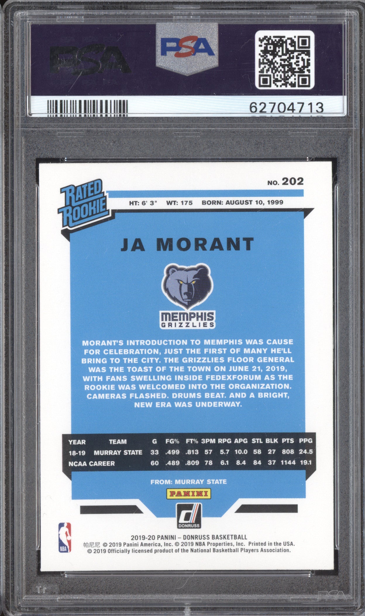 Ja Morant 2019-20 Panini Donruss 202 RC PSA 10