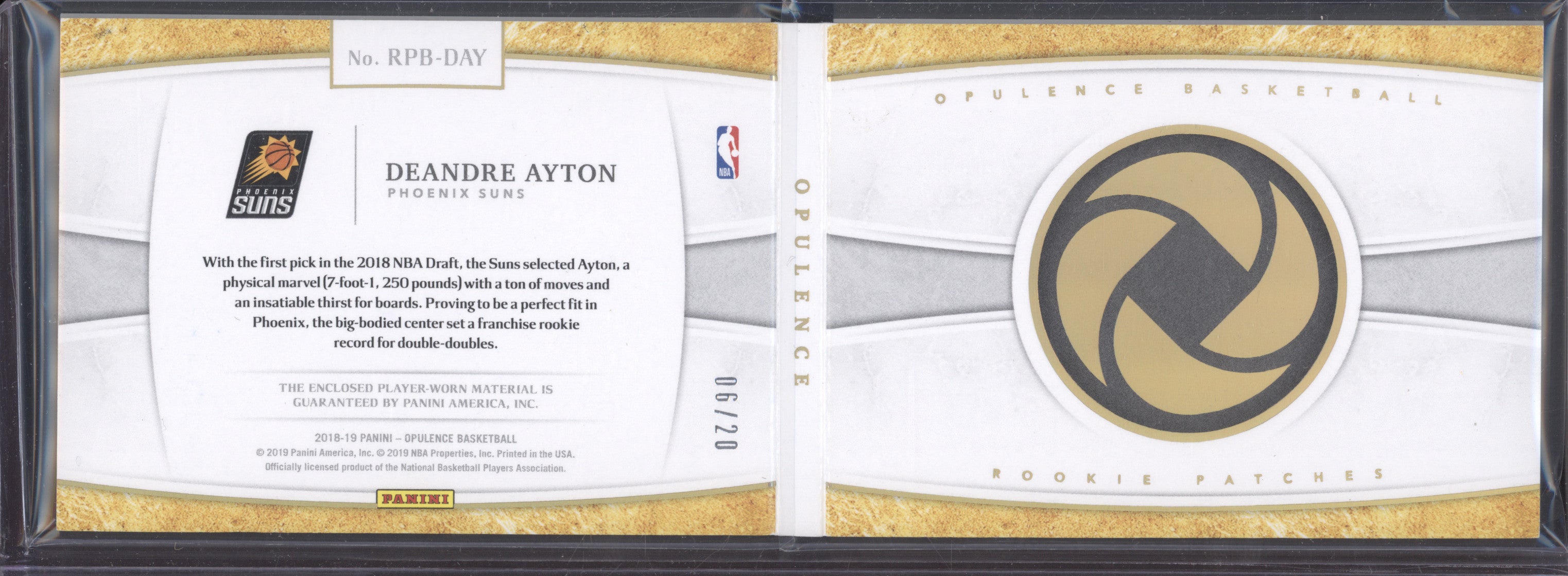 Deandre Ayton 2018-19 Panini Opulence RPB-DAY Rookie Patches Booklet RC 6/20