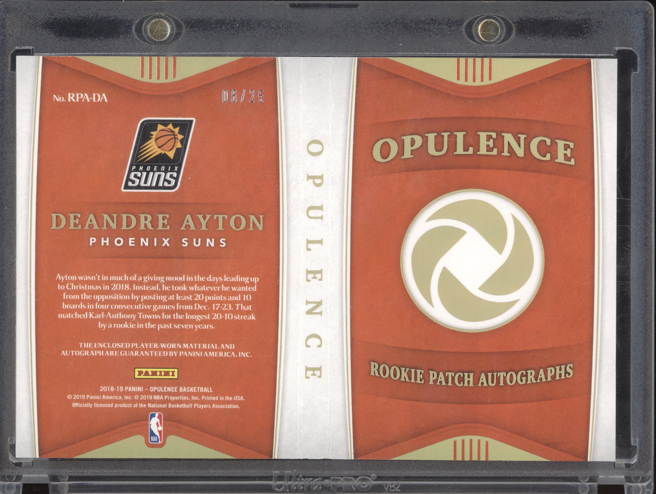 Deandre Ayton 2018-19 Panini Opulence RPA-DA Rookie Patch Autographs RC 6/25