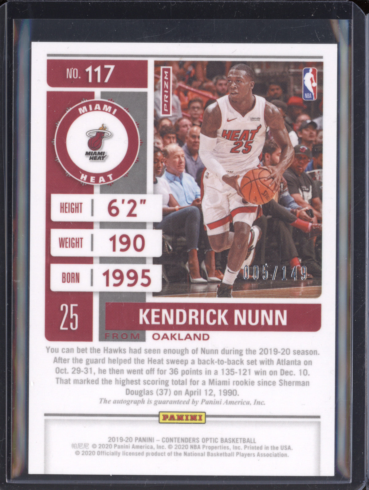 Kendrick Nunn 2019-20 Panini Contenders Optic 117 Rookie Ticket Auto Red RC /149