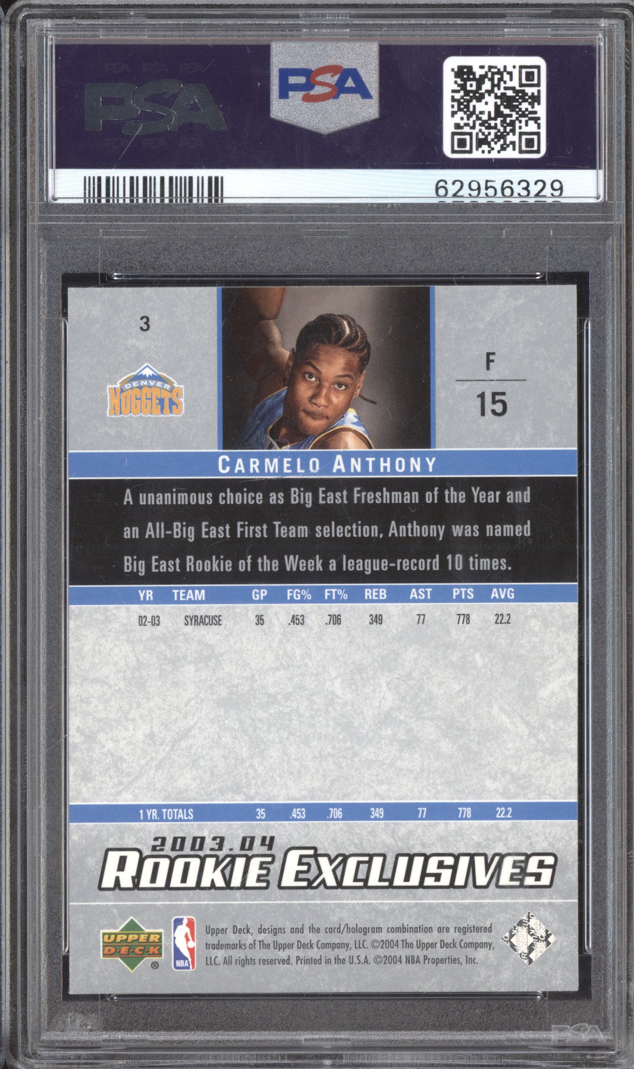 Carmelo Anthony 2003-04 Upper Deck 3 Rookie Exclusives RC PSA 10